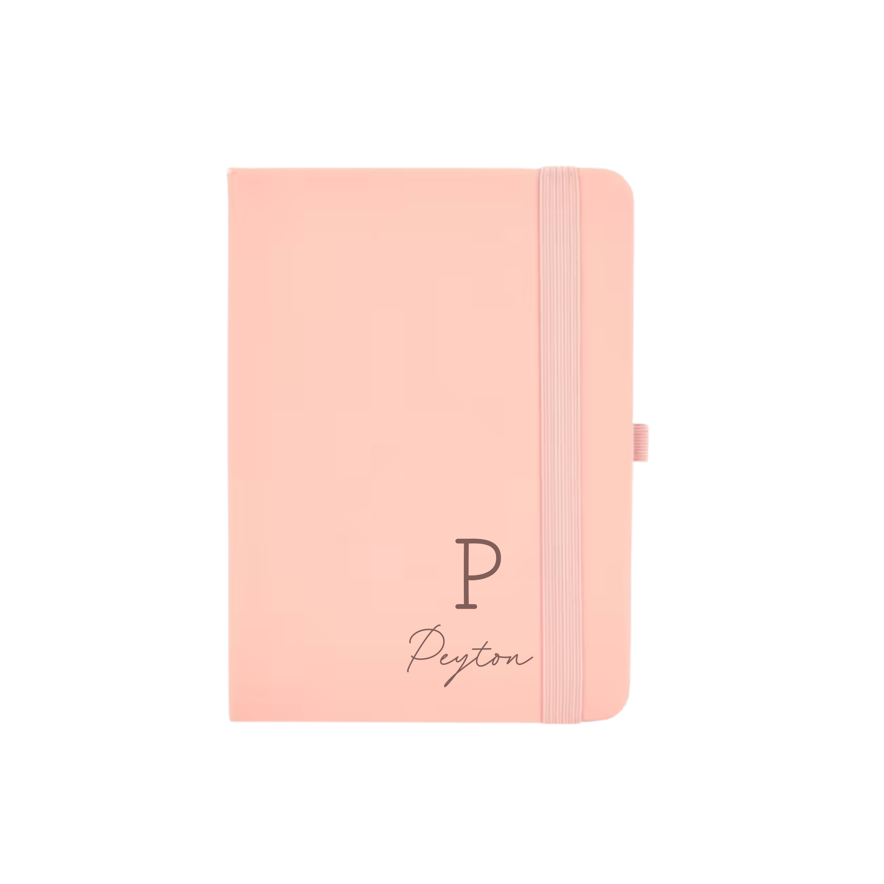 Peach A6 vegan leather notebook personalised with initial P and name Peyton in elegant font.