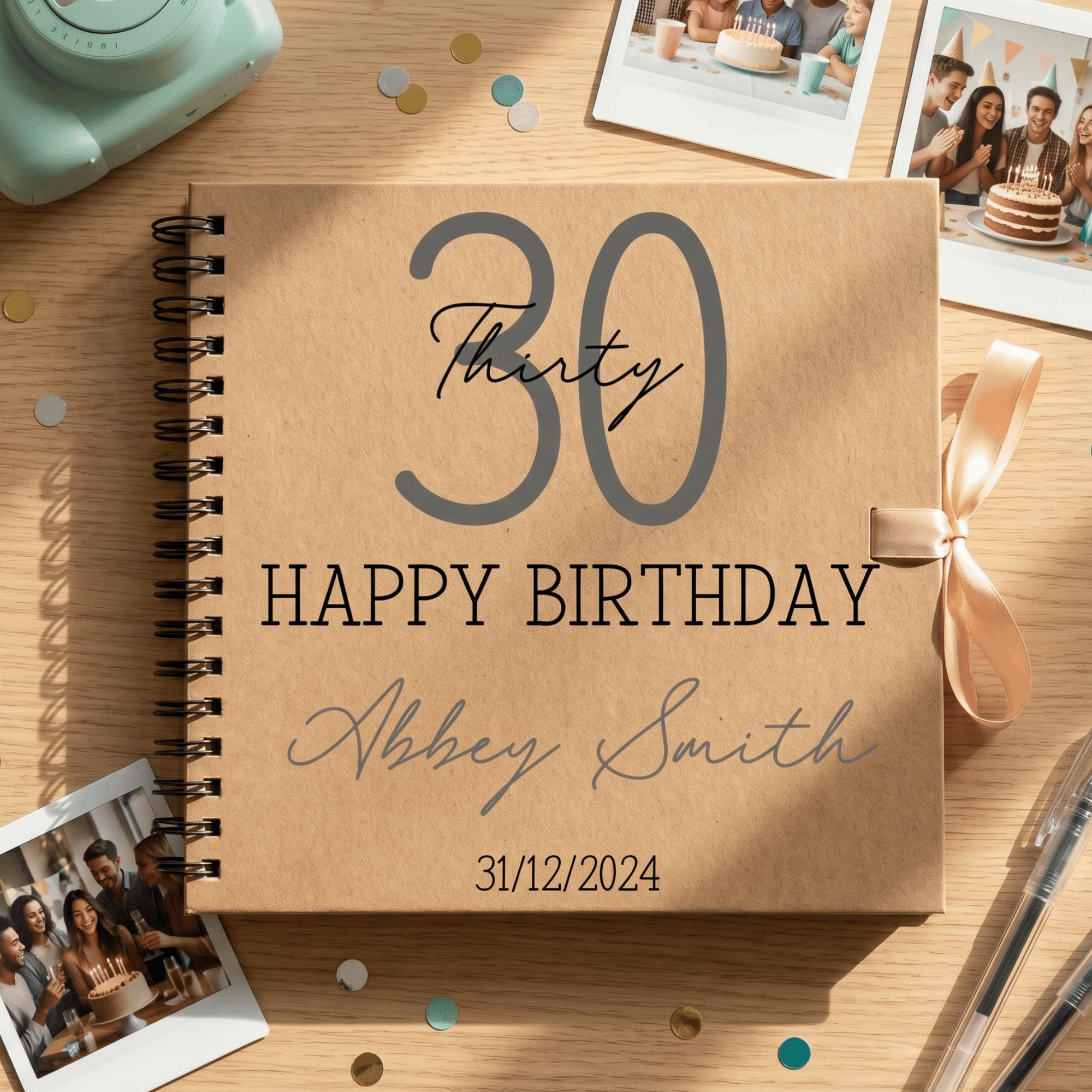 Personalised birthday album with '30 Happy Birthday Abbey Smith' on a wooden surface with photos and a camera.