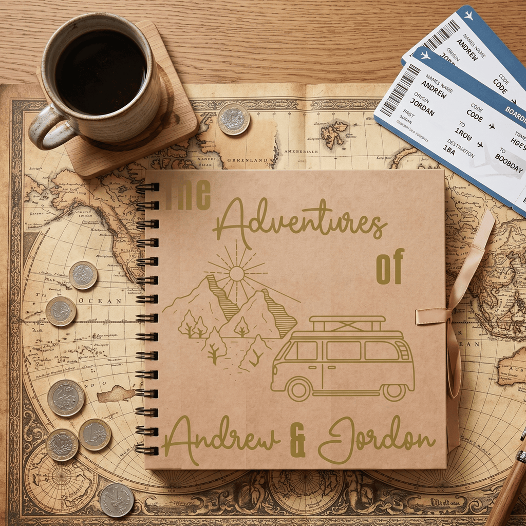 Album titled 'The Adventures of Andrew & Gordon' with a cup of coffee, map, coins, and tickets on a wooden surface.