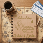 Album titled 'The Adventures of Andrew & Gordon' with a cup of coffee, map, coins, and tickets on a wooden surface.