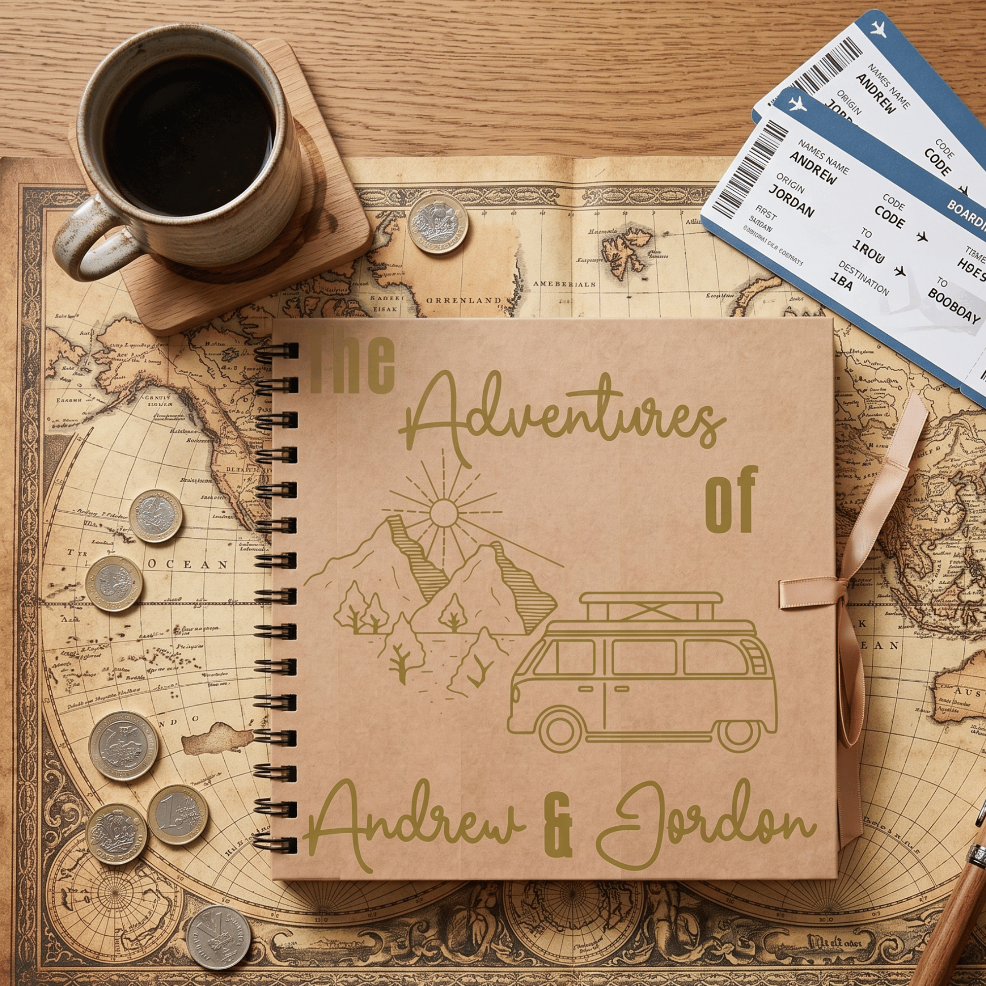 Album titled 'The Adventures of Andrew & Gordon' with a cup of coffee, map, coins, and tickets on a wooden surface.