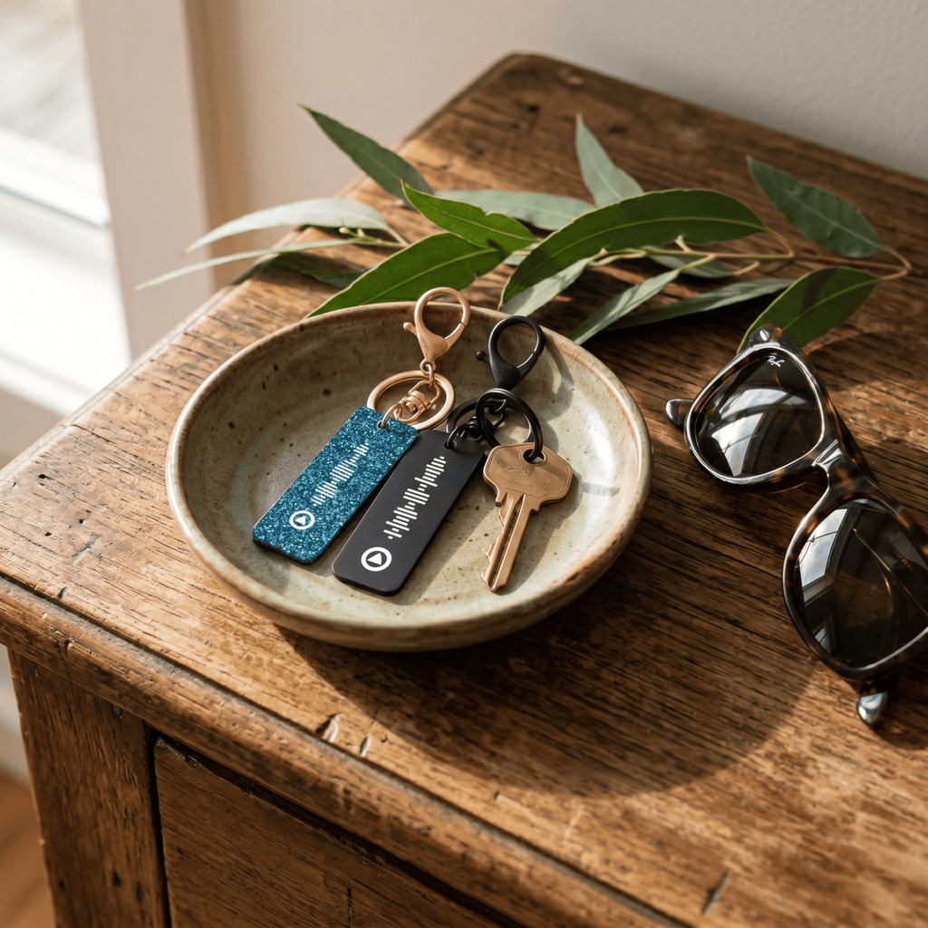 Personalised Play Button Music Keyring: Custom Scannable Song Keychain