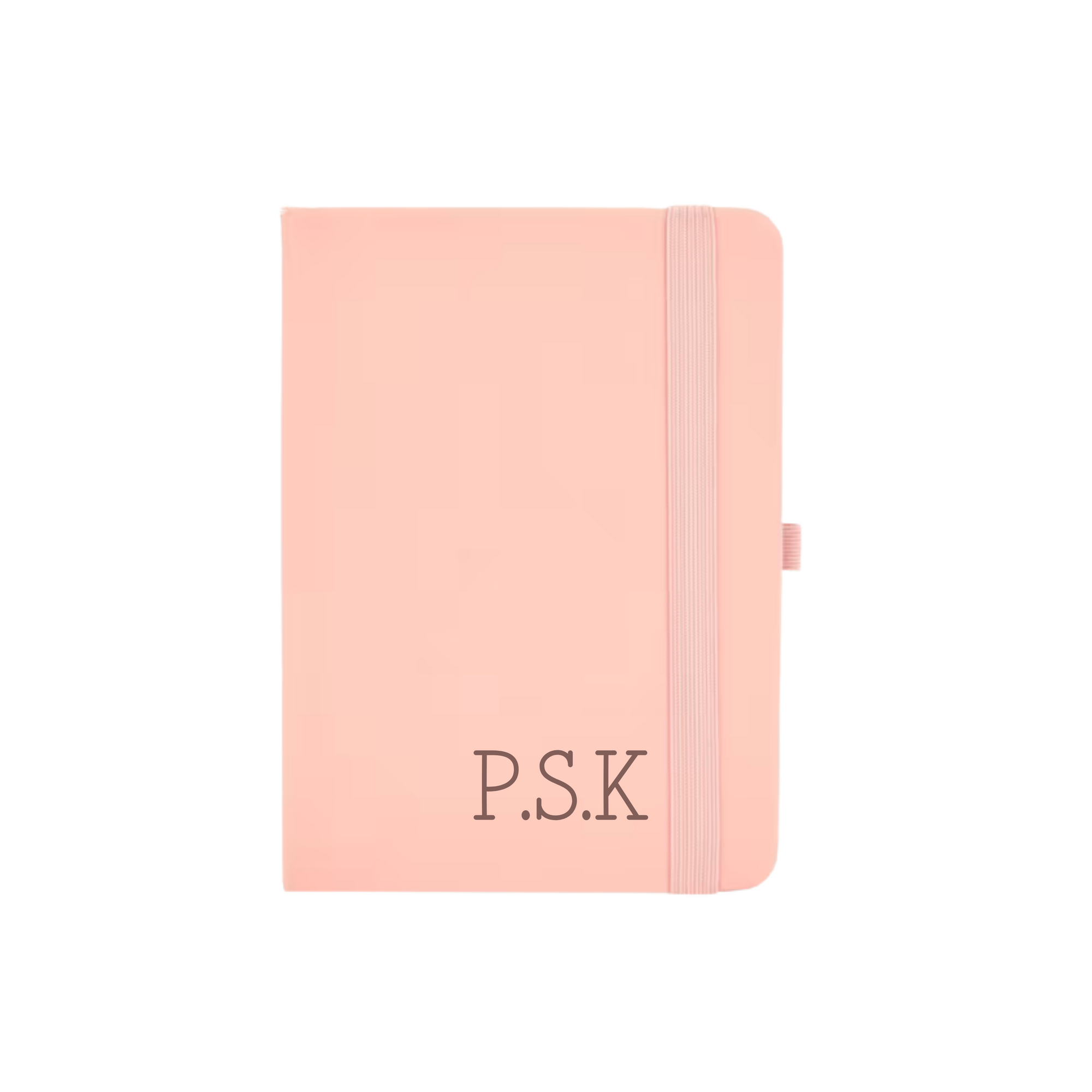 Custom peach A6 notebook with vegan leather cover and initials P.S.K printed in serif font.