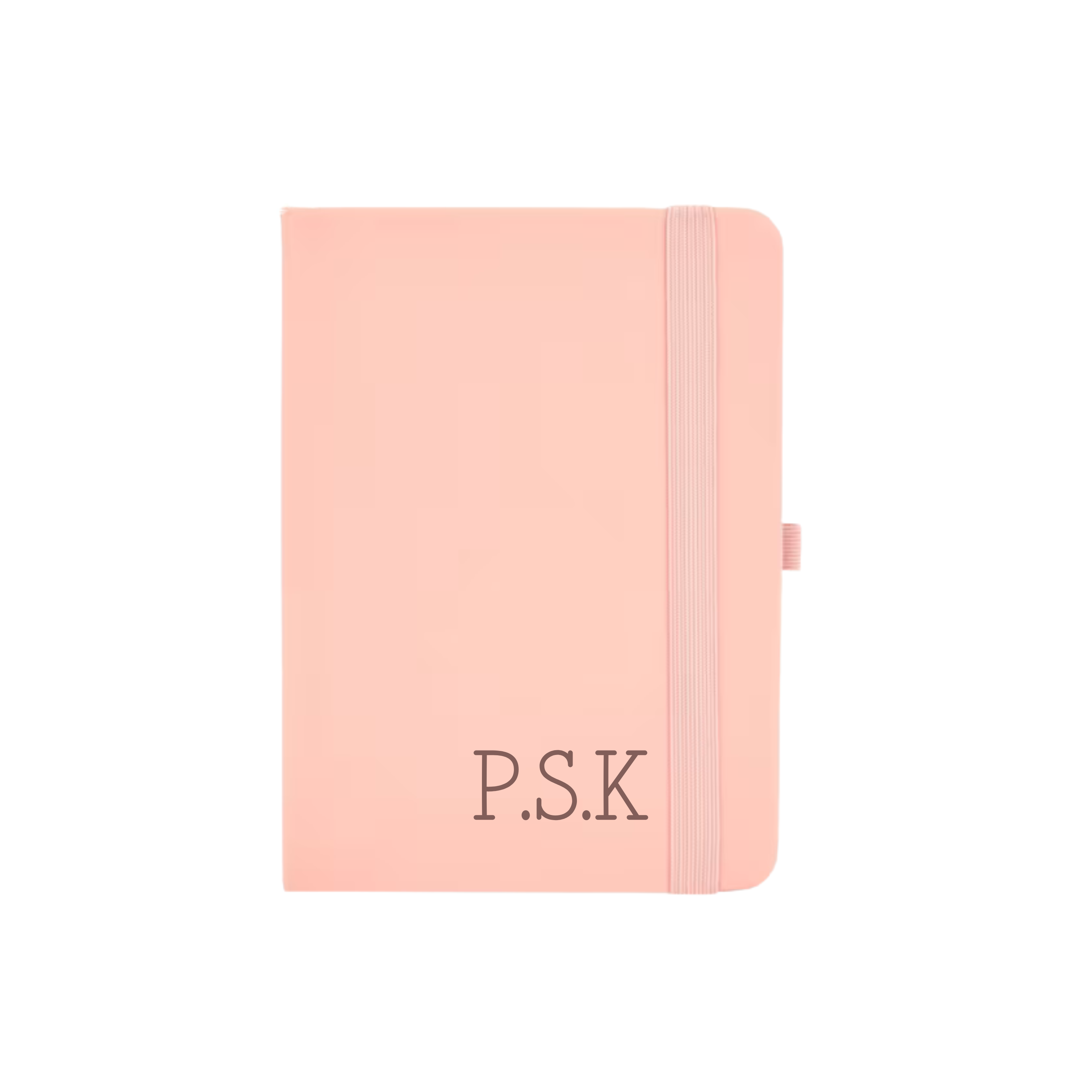 Custom peach A6 notebook with vegan leather cover and initials P.S.K printed in serif font.