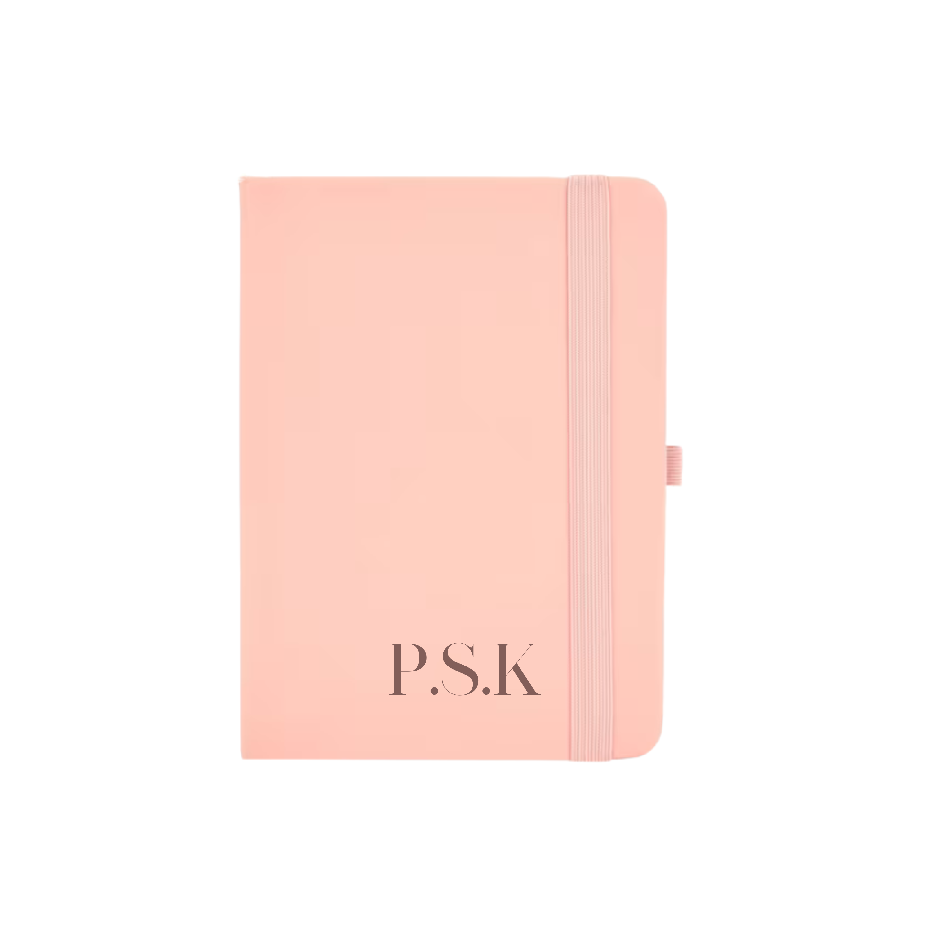 Custom peach A6 notebook with vegan leather cover and initials P.S.K printed in serif font.