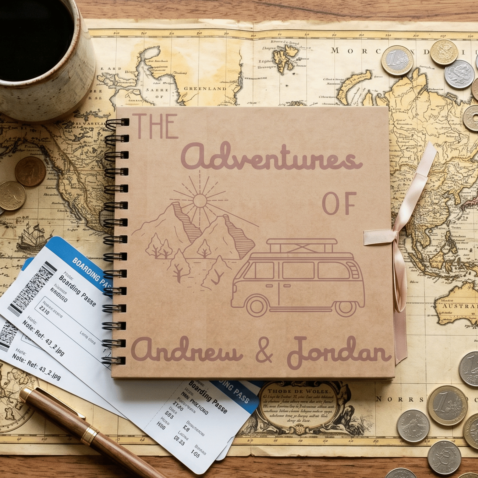 Album titled 'The Adventures of Andrew & Jordan' on a world map with coins and a cup of coffee.