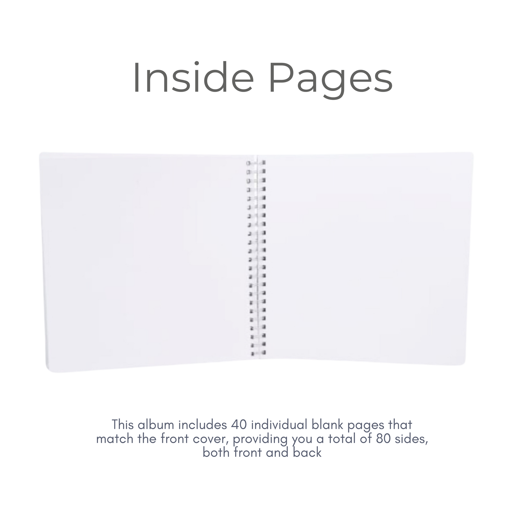 Inside pages of scrapbook album showing 40 blank white pages for custom messages and photos