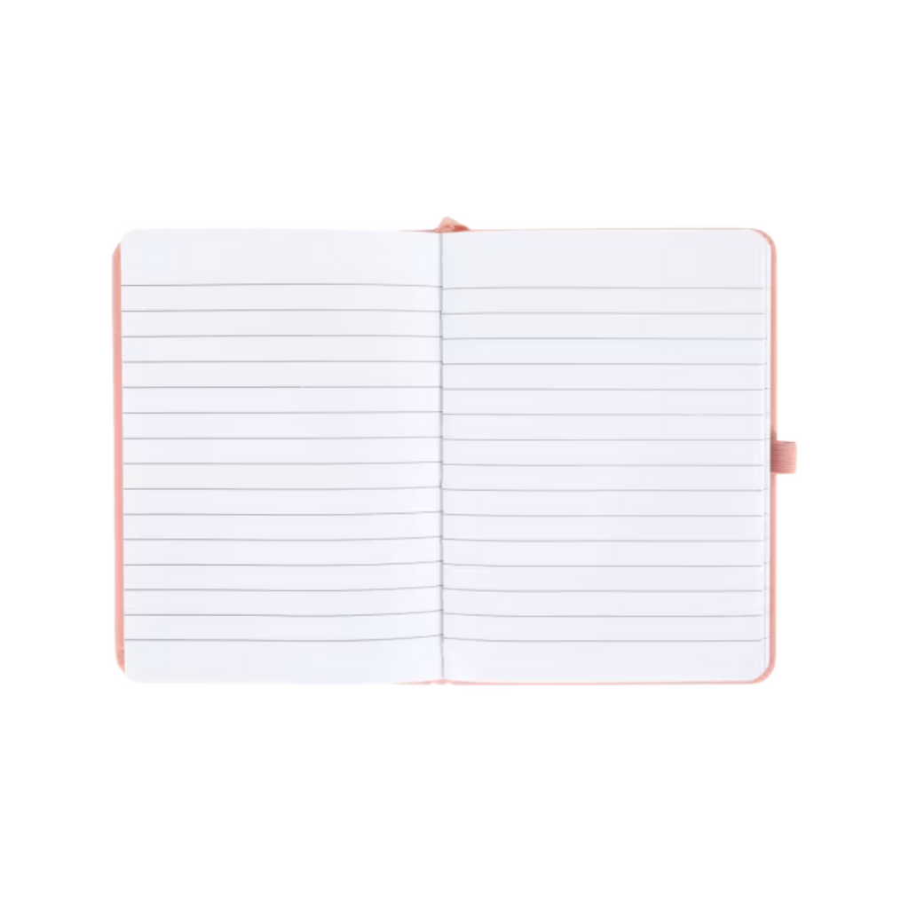 Open peach personalised A6 notebook showing lined interior pages and elastic closure.