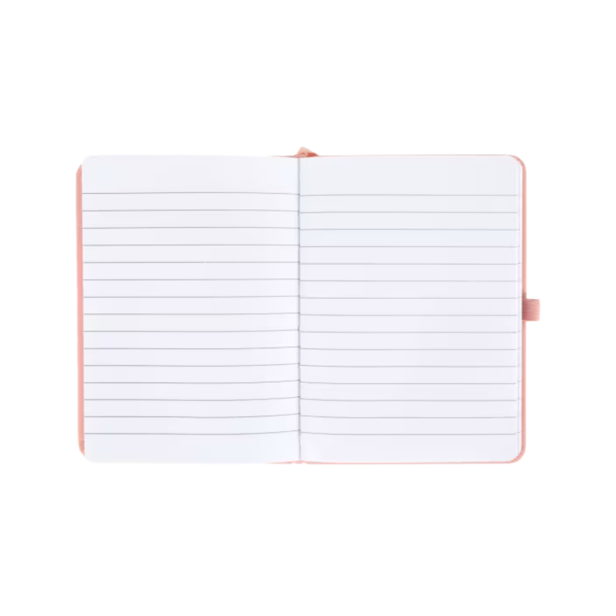 Open peach personalised A6 notebook showing lined interior pages and elastic closure.