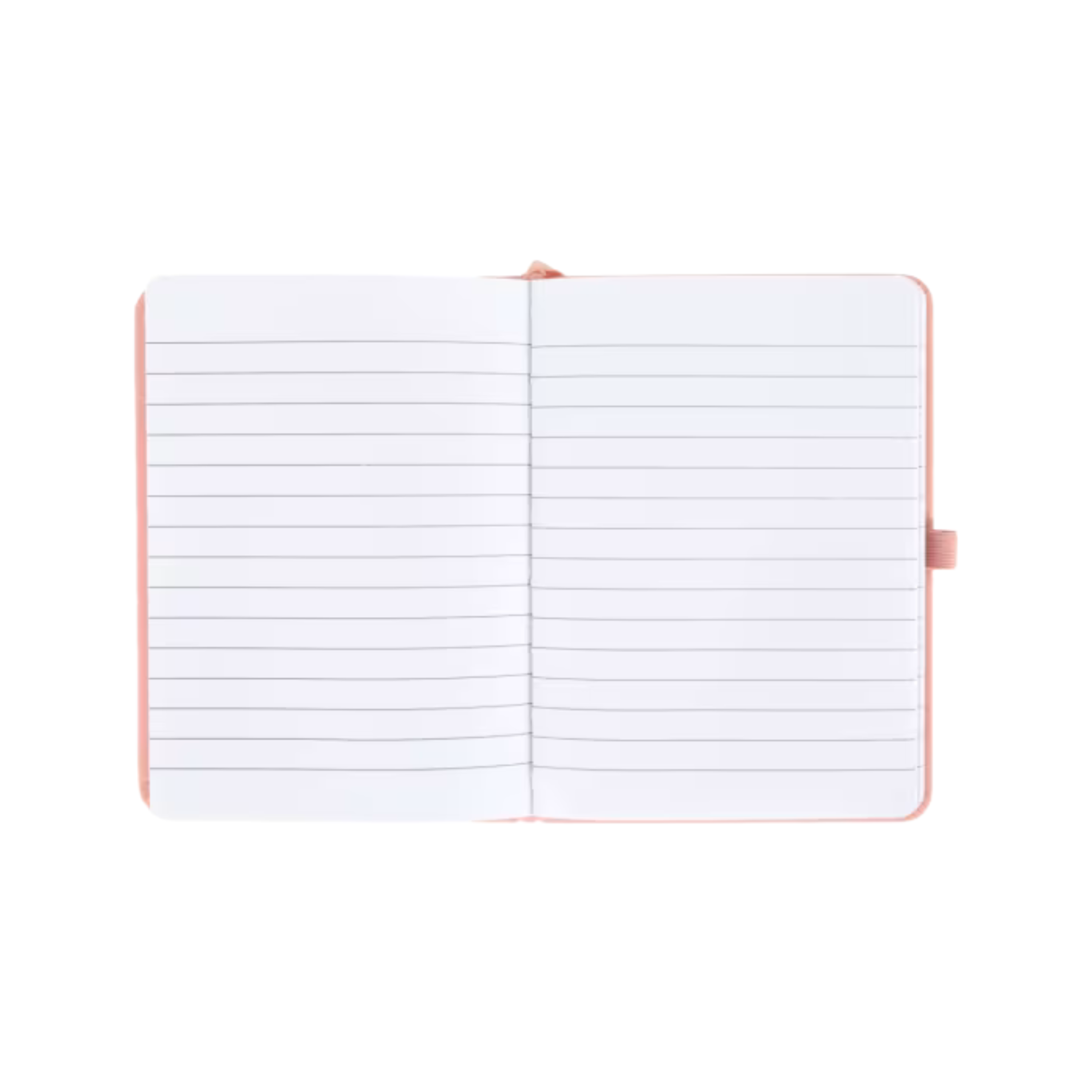 Open peach personalised A6 notebook showing lined interior pages and elastic closure.
