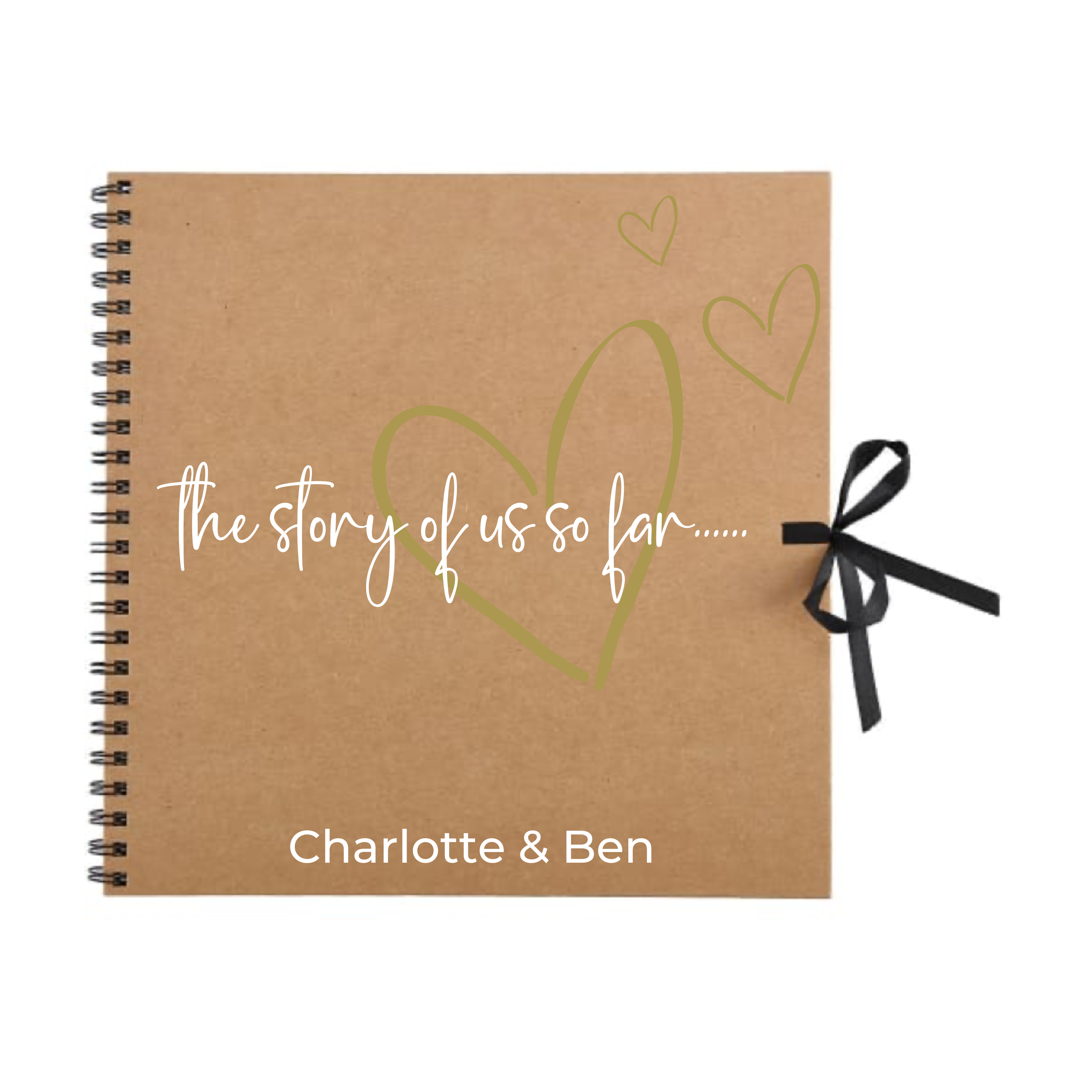  Kraft brown personalised scrapbook with gold hearts and “The story of us” title – ideal couple gift