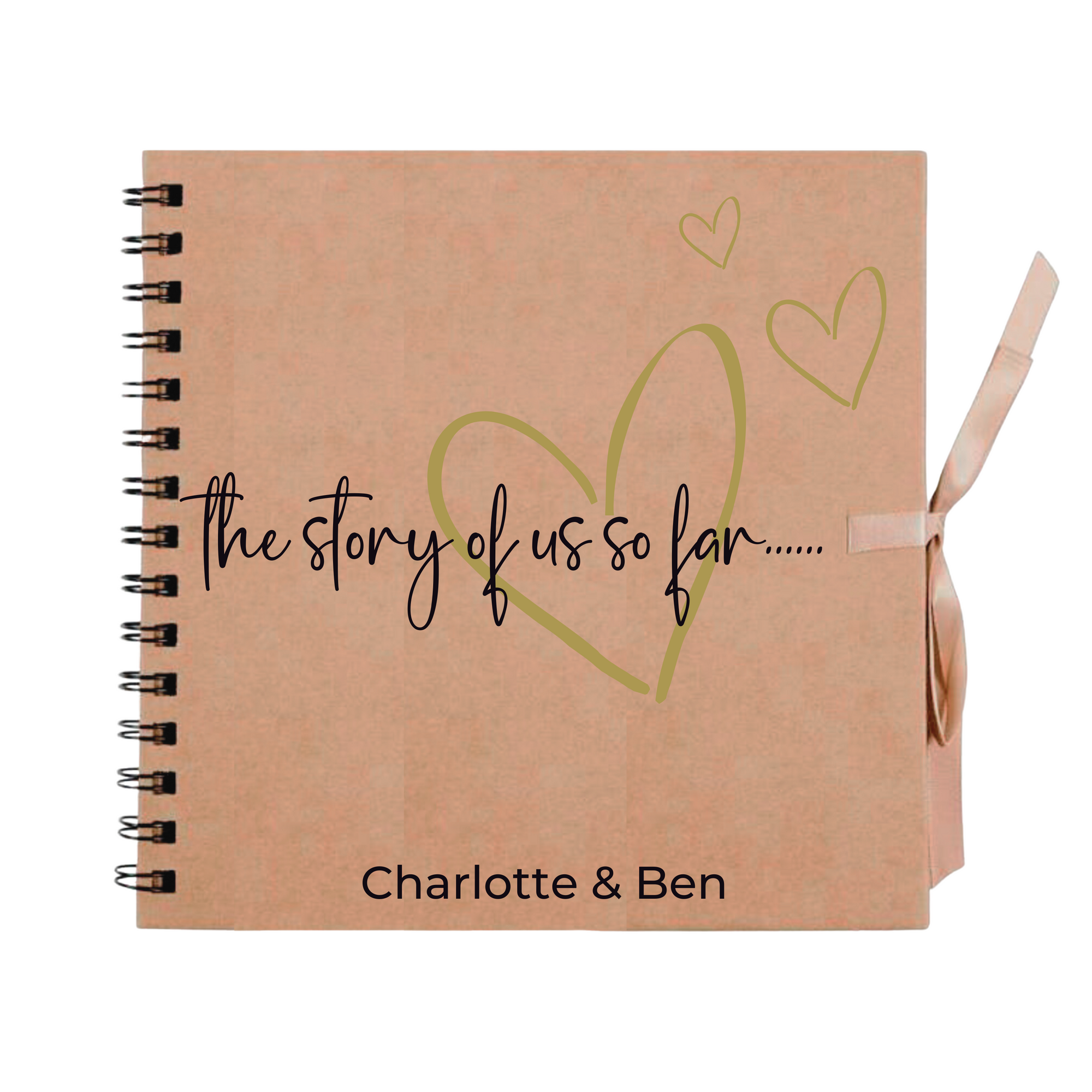 Kraft brown personalised scrapbook with gold hearts and “The story of us” title – ideal couple gift
