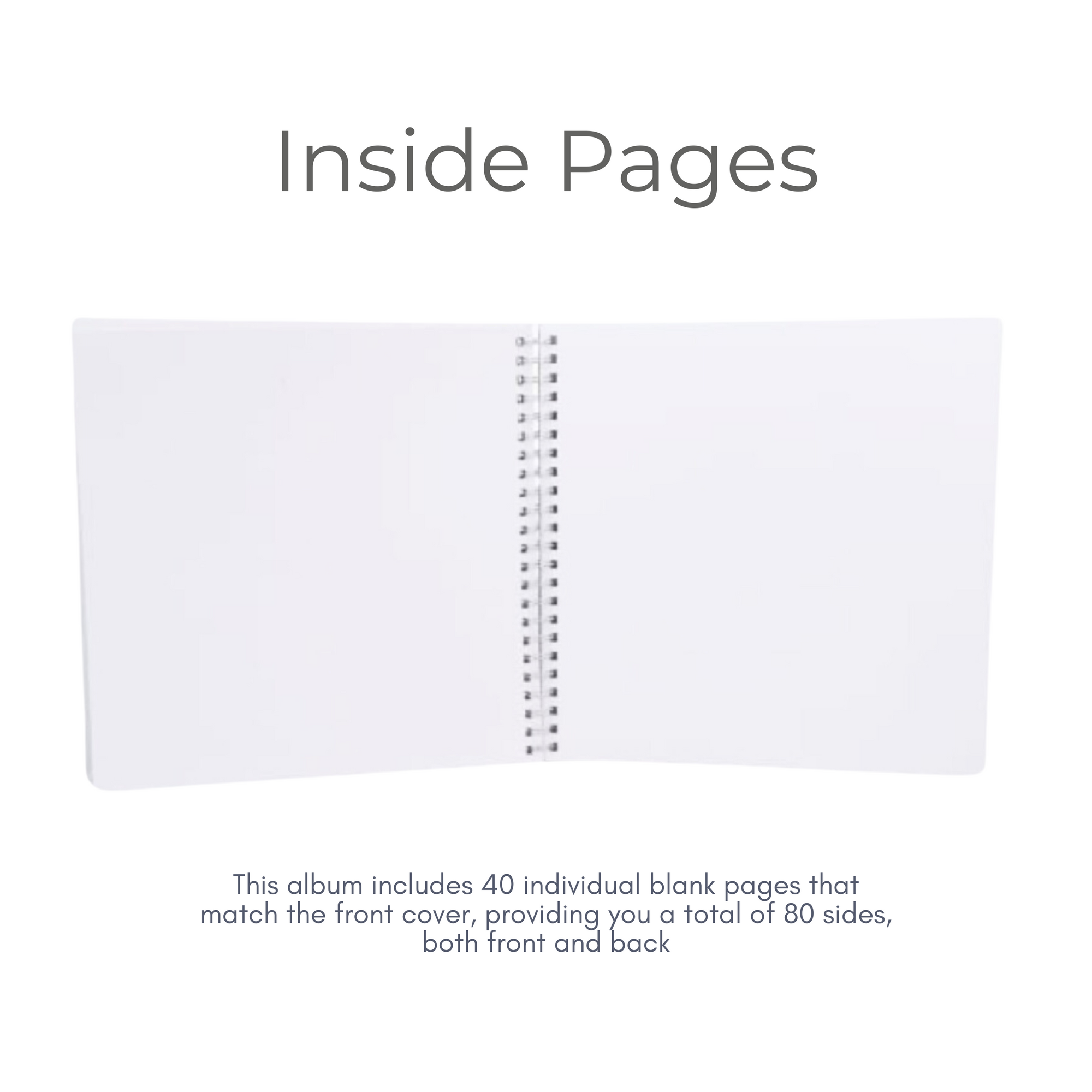 Inside pages of scrapbook album showing 40 blank white pages for custom messages and photos