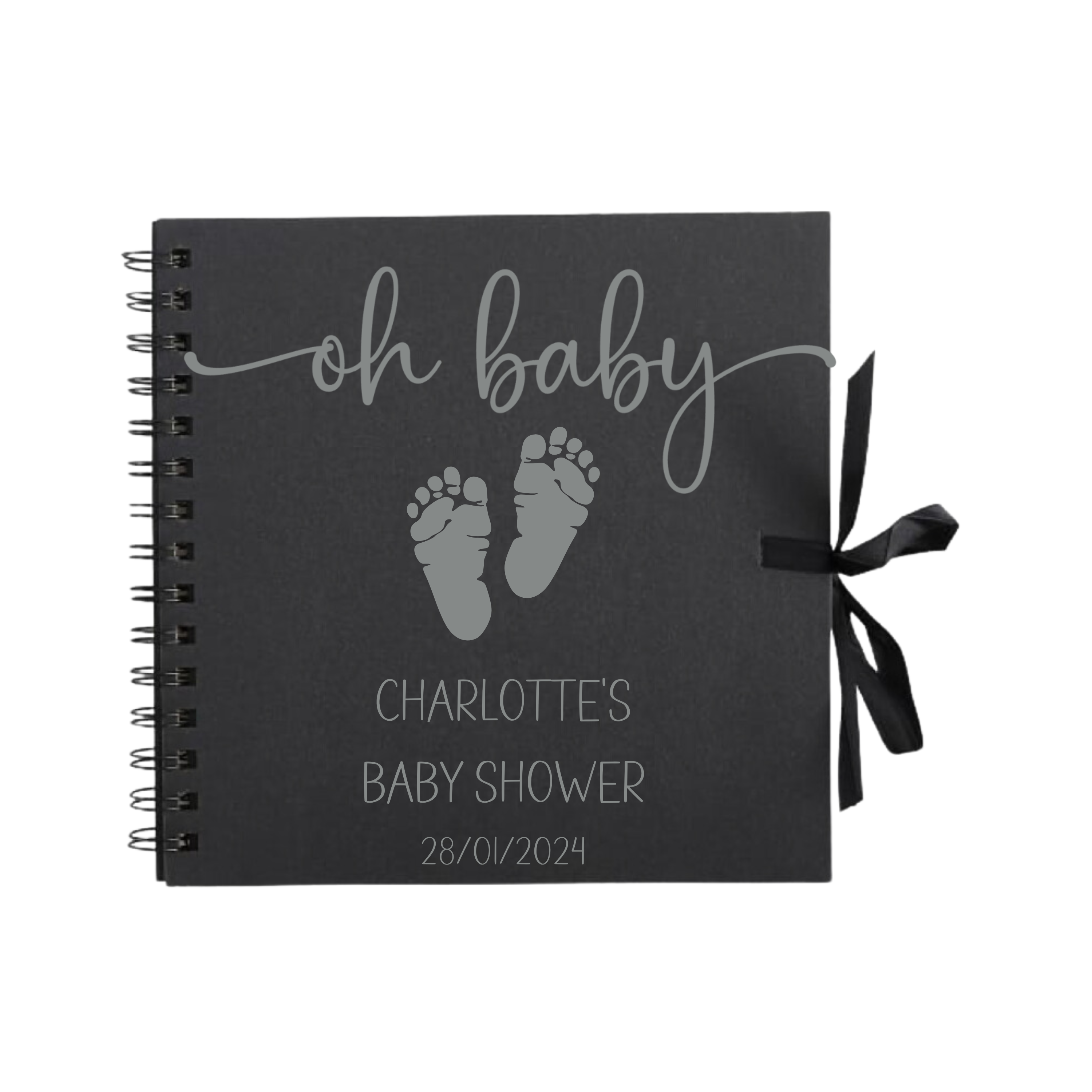 Black personalised baby shower scrapbook album with “oh baby” in silver and matching grey baby footprints – thoughtful gift idea for new mums.