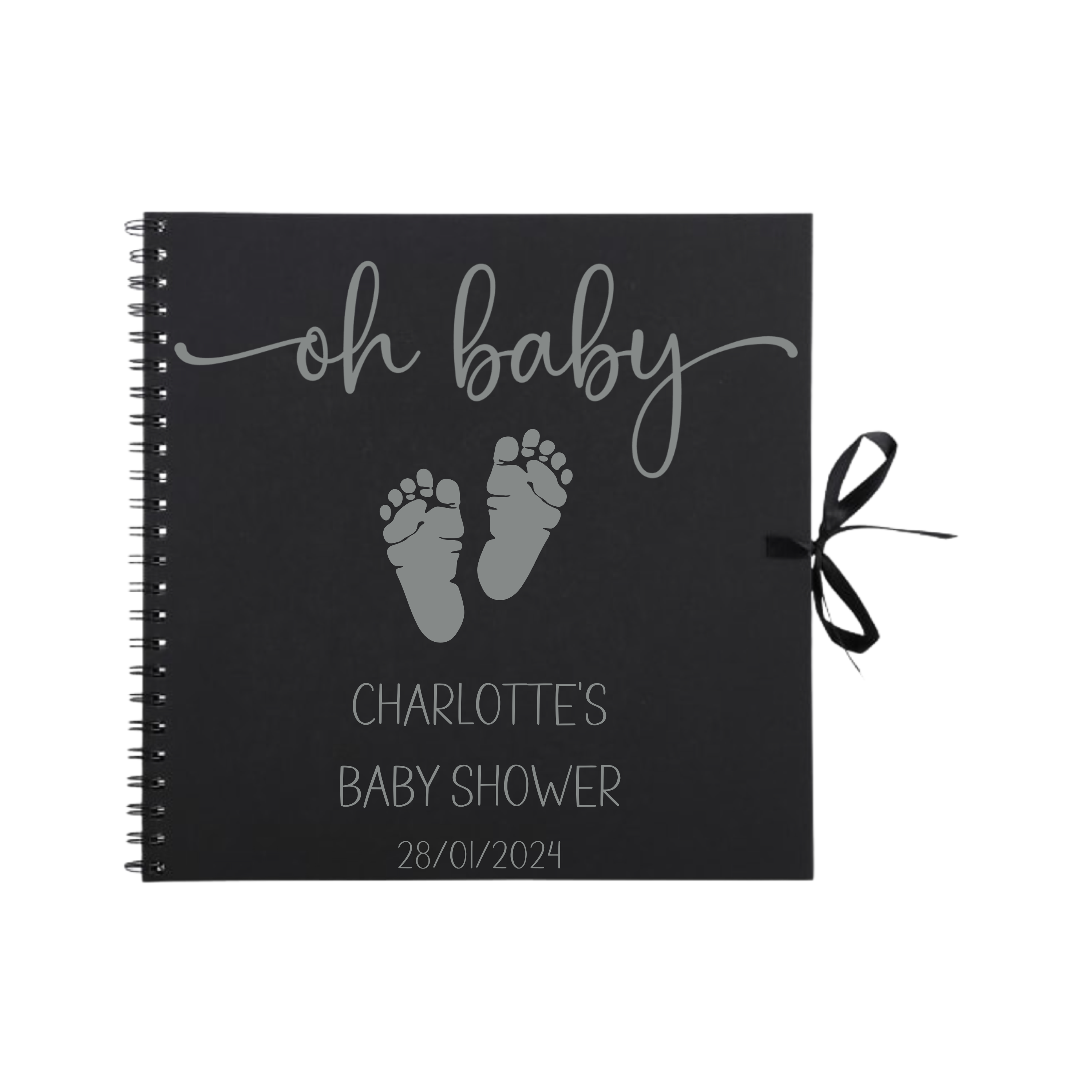 Black personalised baby shower scrapbook album with “oh baby” in silver and matching grey baby footprints – thoughtful gift idea for new mums.
