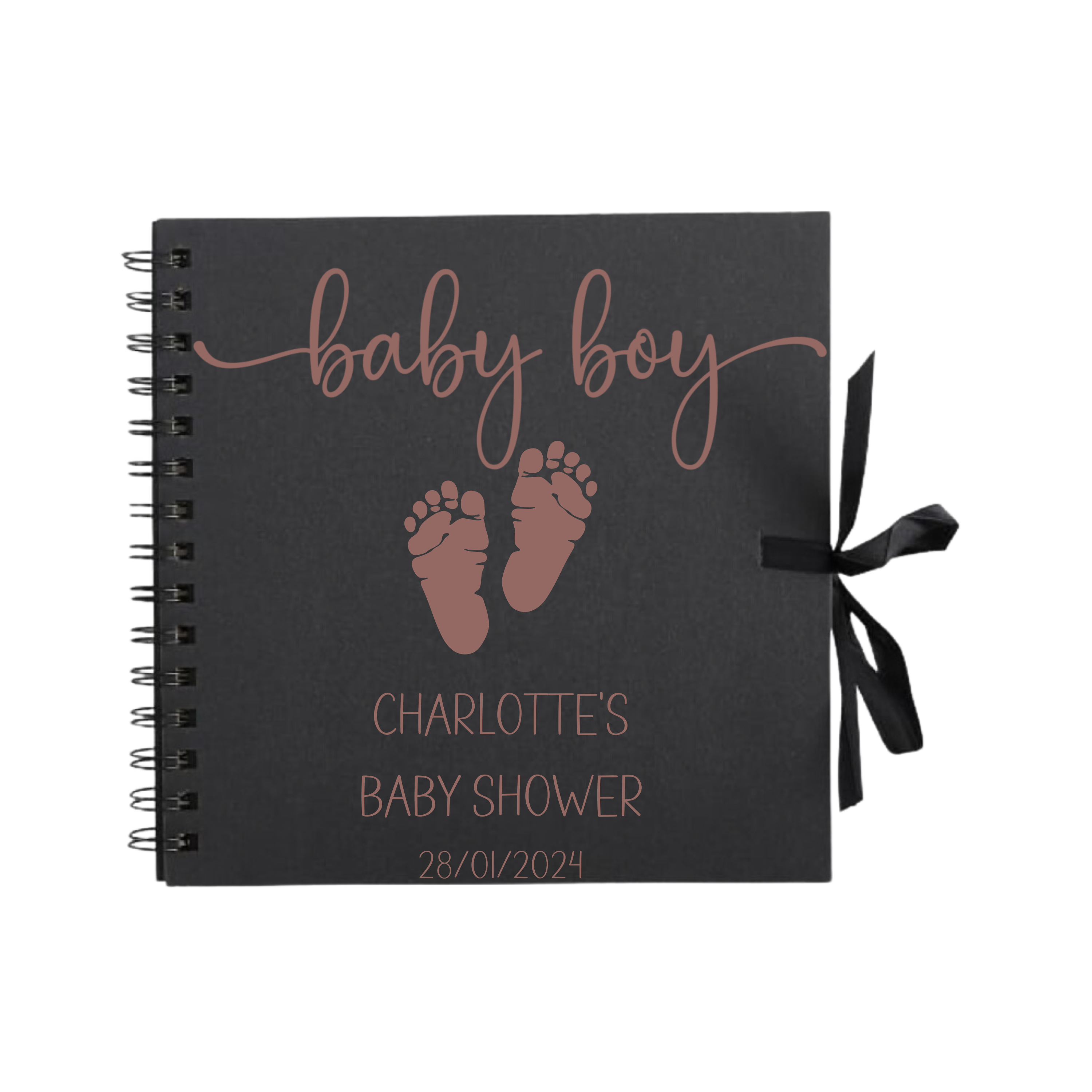 Black baby boy scrapbook with rose gold text and matching brown baby footprints – customised with Charlotte’s baby shower date.