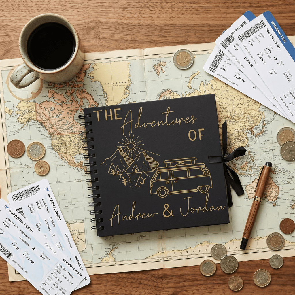 Personalised travel journal on a world map with coffee, coins, and tickets.