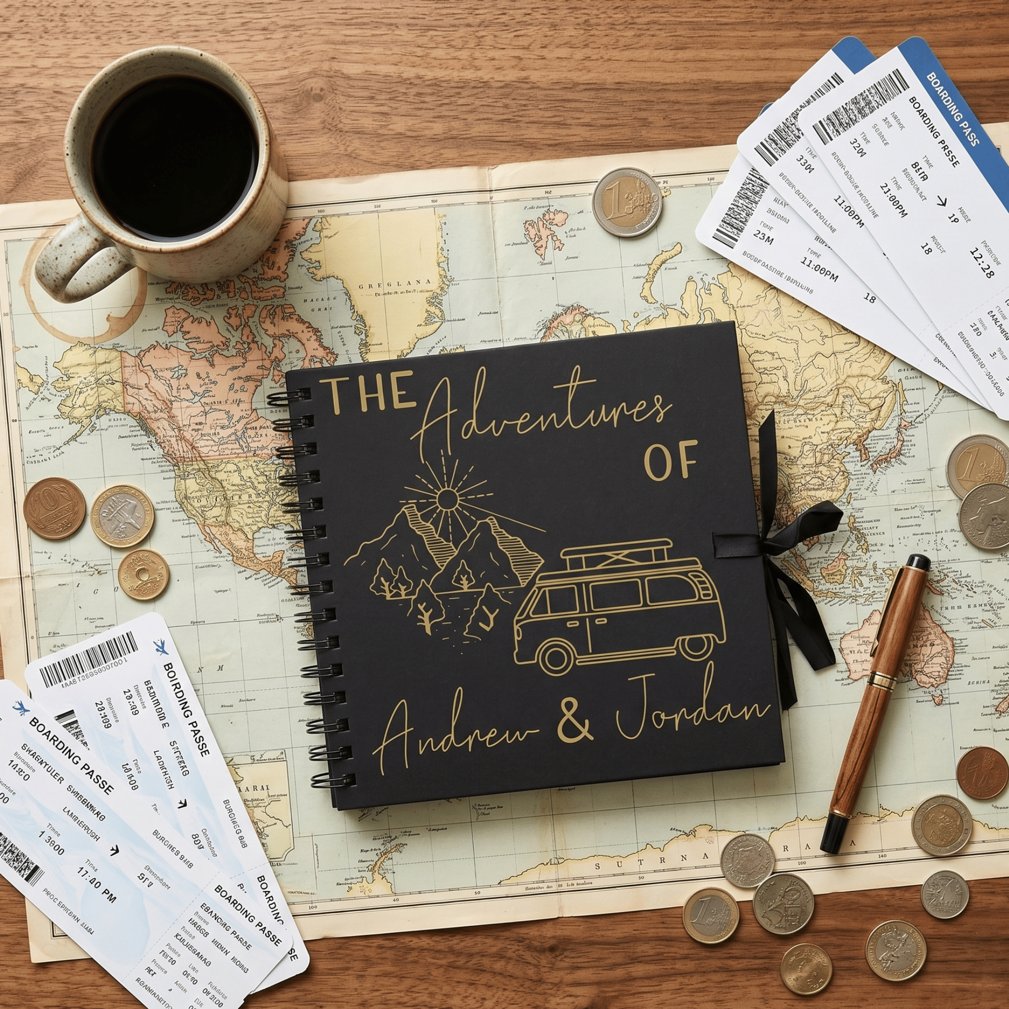 Personalised travel journal on a world map with coffee, coins, and tickets.