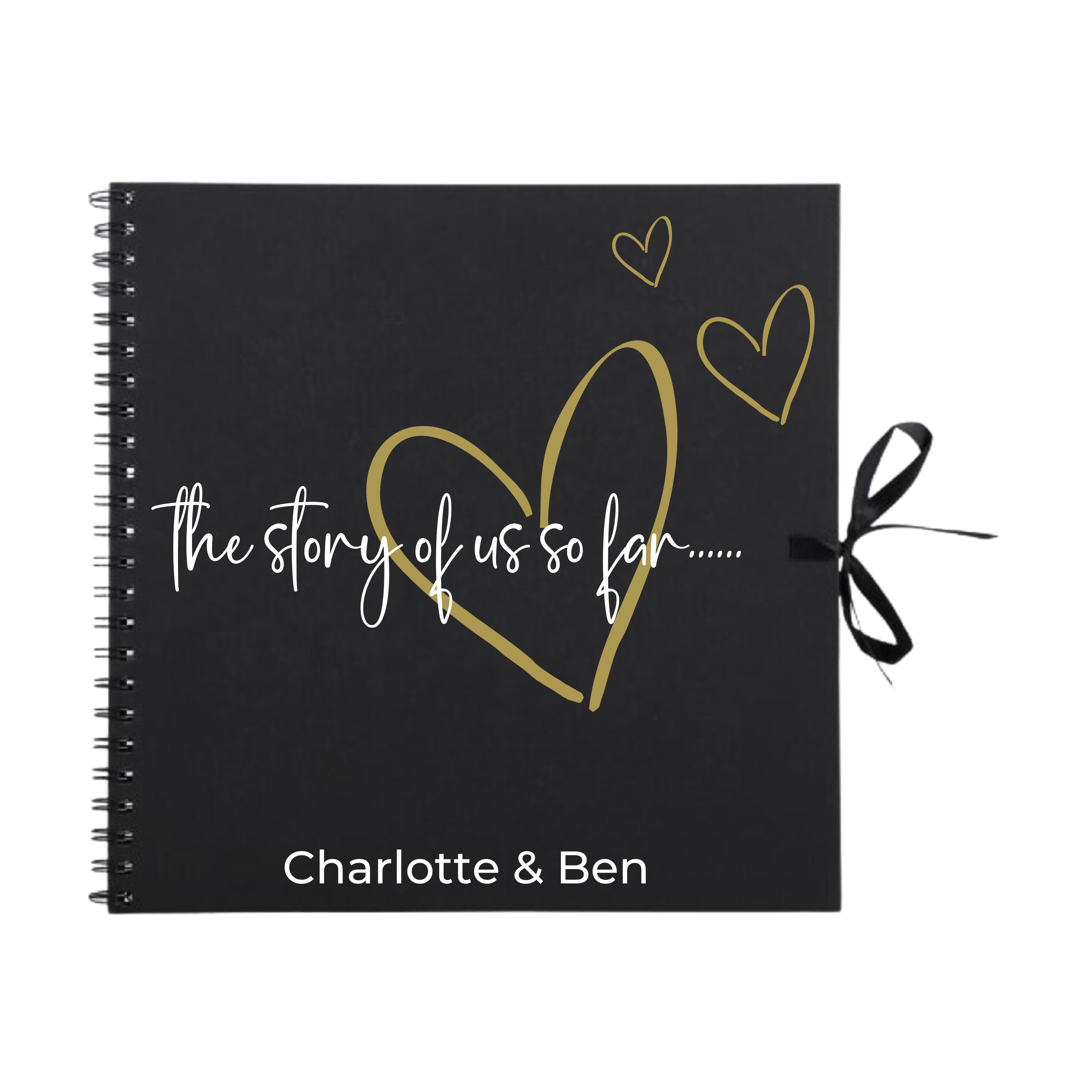 Black personalised photo album with gold hearts and “The story of us” quote – handmade romantic gift