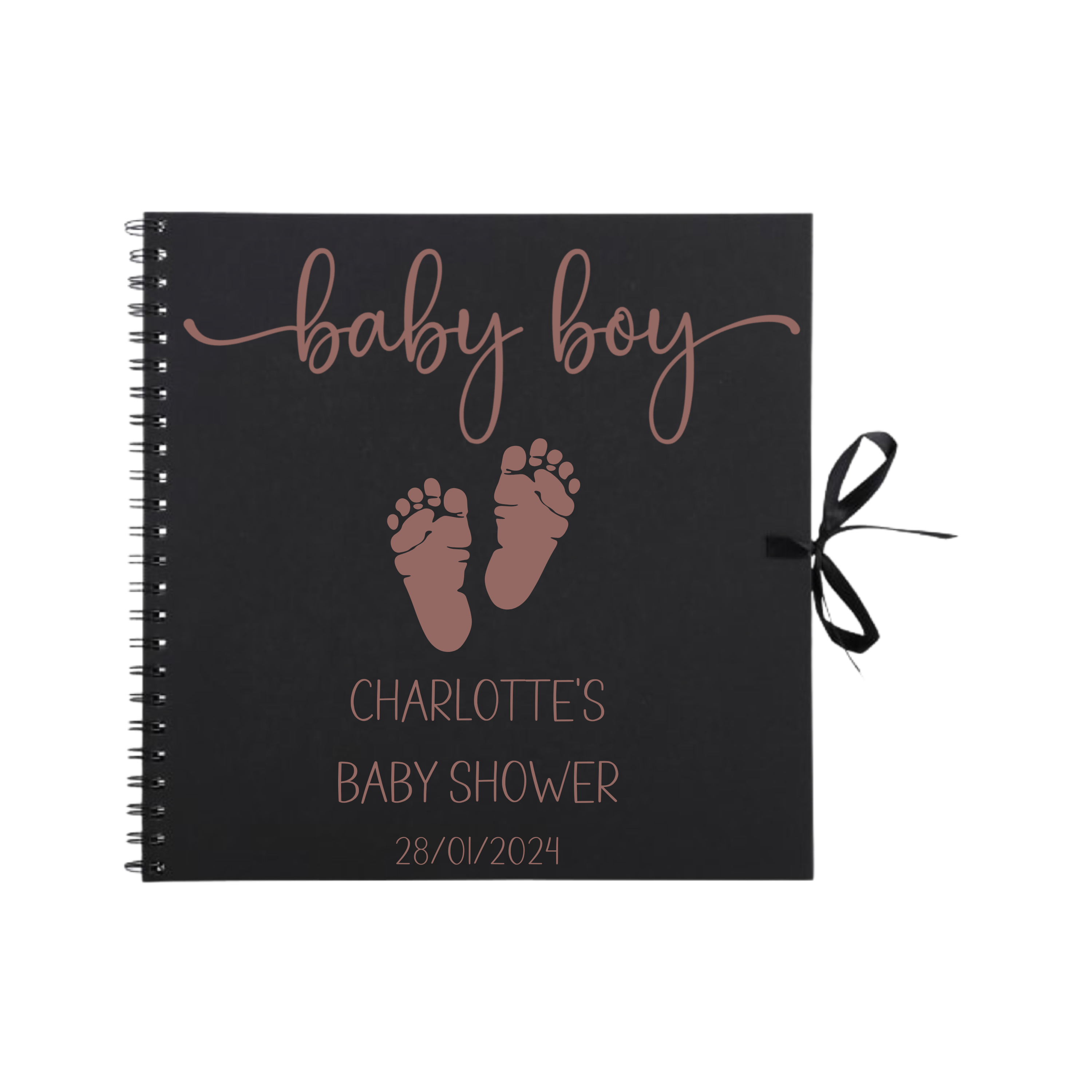 Black baby boy scrapbook with rose gold text and matching rose gold baby footprints – customised with Charlotte’s baby shower date.