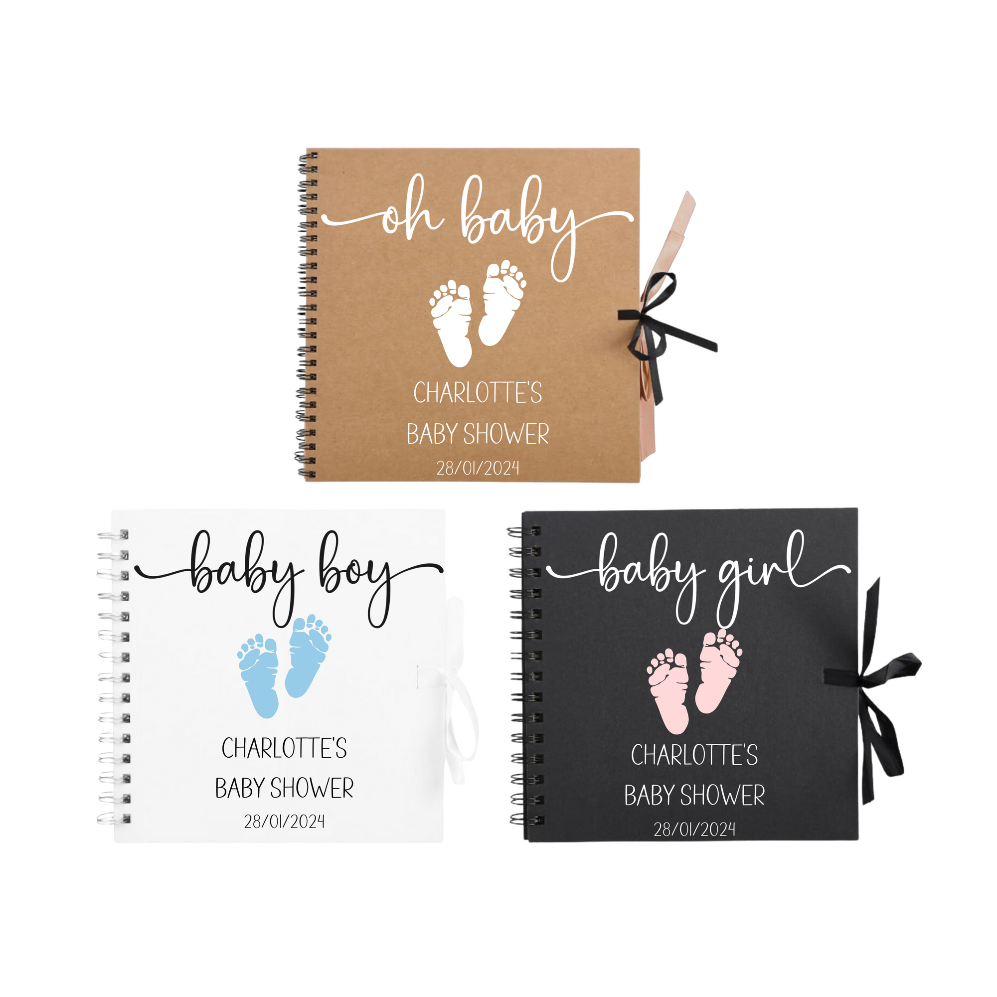 Three personalised baby shower scrapbook albums in kraft, black, and white with pink or blue baby footprints and gender-specific titles – perfect baby shower gifts.