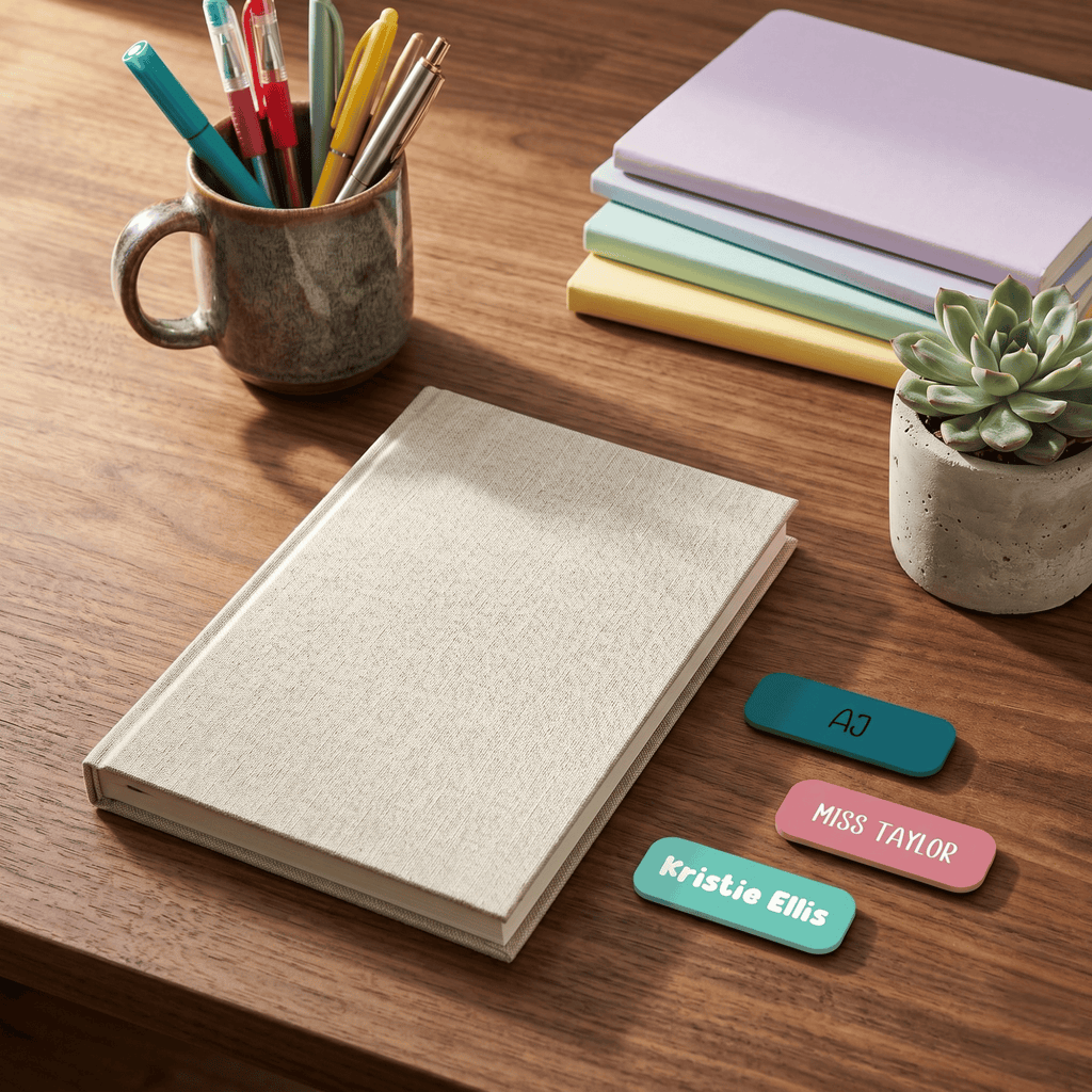 Notebook, pens, and name tags on a wooden desk