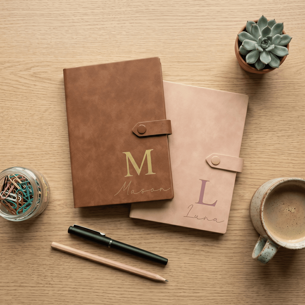 Two leather-bound journals with personalized names on a wooden surface with a pen, coffee, and plant.