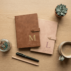 Two leather-bound journals with personalized names on a wooden surface with a pen, coffee, and plant.