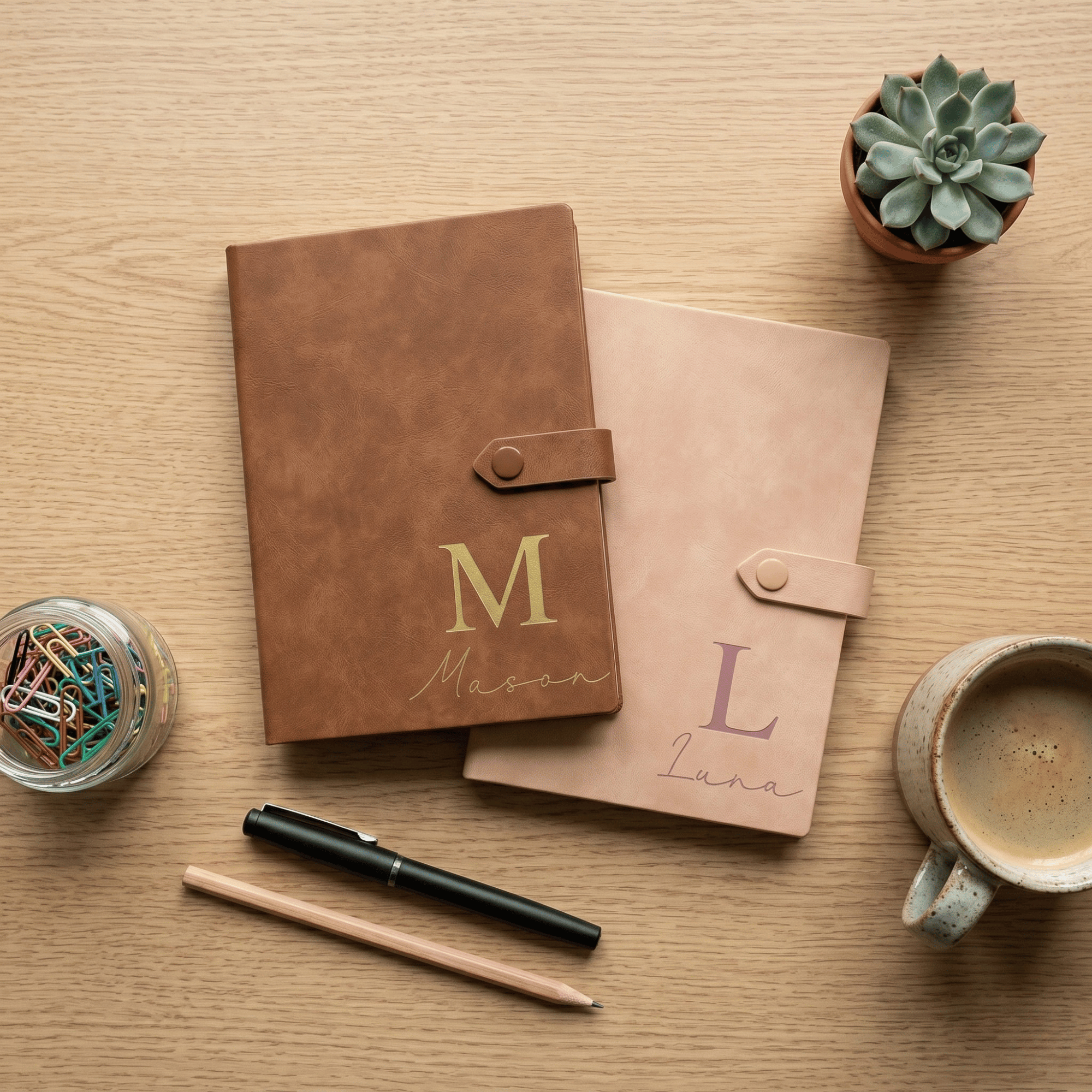 Two leather-bound journals with personalized names on a wooden surface with a pen, coffee, and plant.