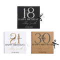 Three personalised birthday scrapbook albums for 18th, 21st, and 30th birthdays, featuring names and dates on black, white, and kraft covers