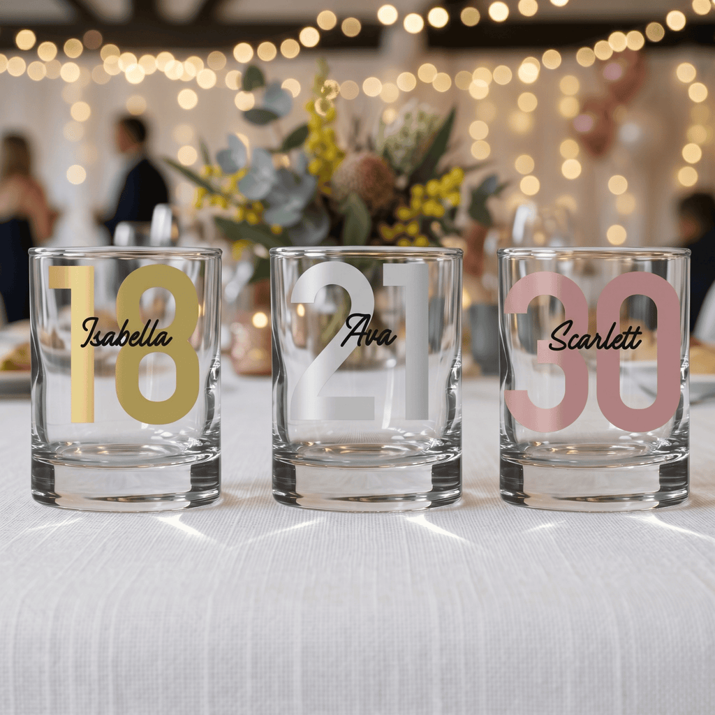 Three glass tumblers with personalized numbers and names on a blurred festive background