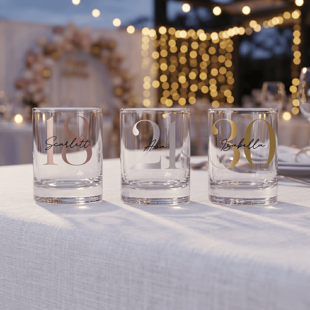 Three personalized glass tumblers on a table with blurred event decorations in the background.