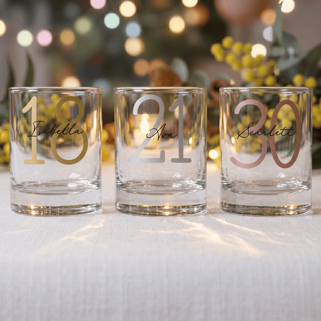 Three personalized glasses with numbers and names on a festive background