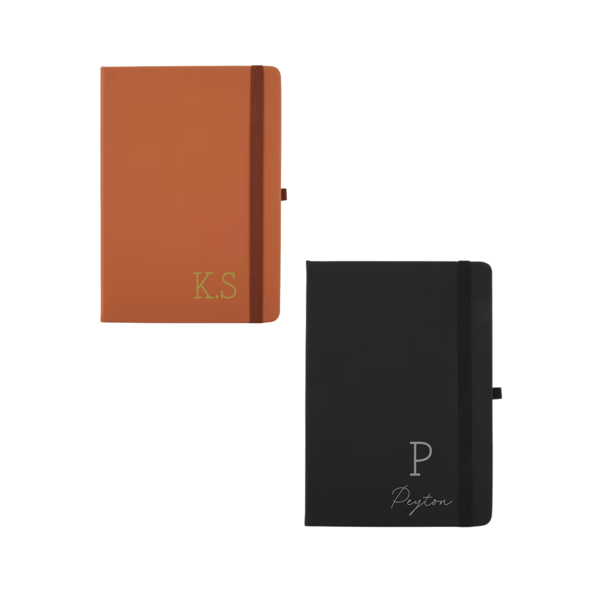 Flat lay of two A5 personalised vegan leather notebooks in tan and black, custom printed with initials and names.