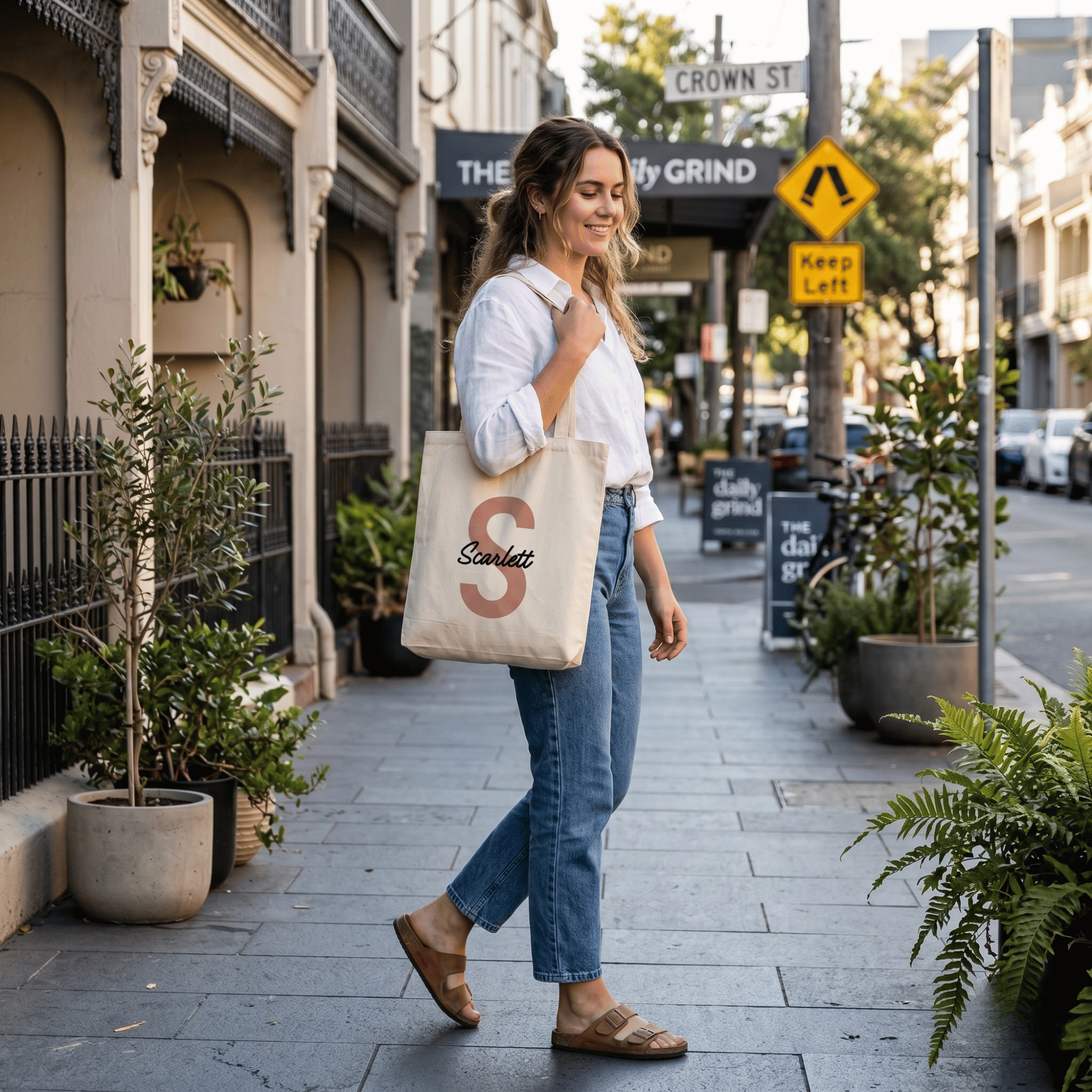 Woman walking on a sidewalk holding a tote bag with a logo, surrounded by urban elements.