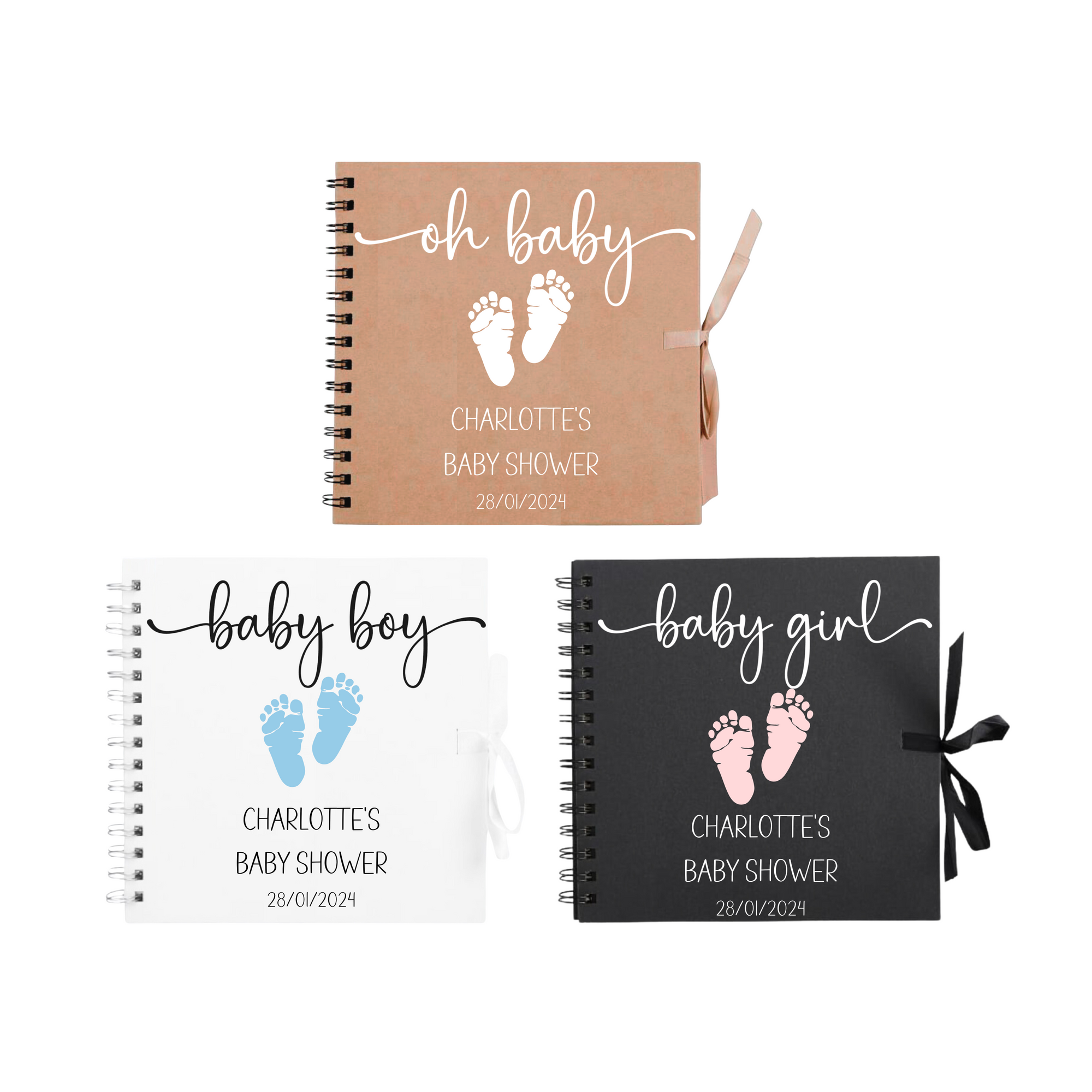 Three personalised baby shower scrapbook albums in kraft, black, and white with pink or blue baby footprints and gender-specific titles – perfect baby shower gifts.