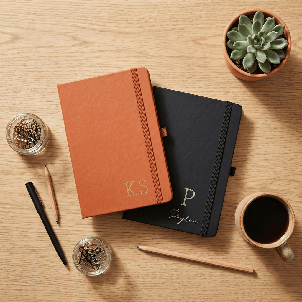 Two notebooks with personalized initials on a wooden surface with stationery items.
