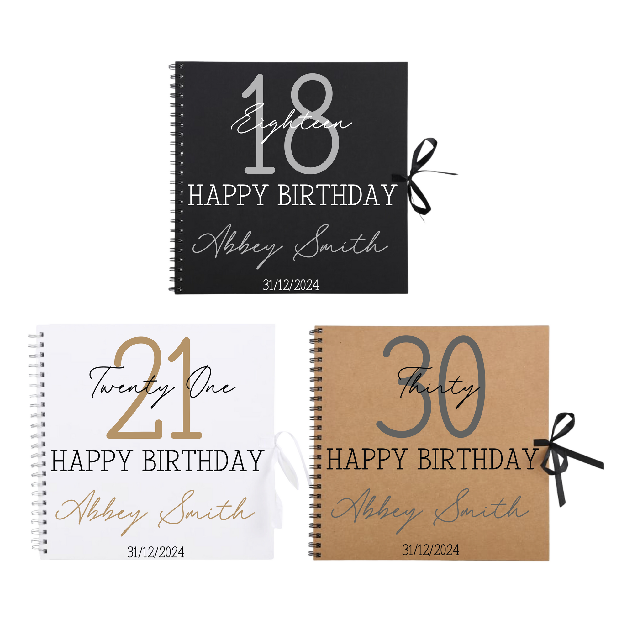 Three personalised birthday scrapbook albums for 18th, 21st, and 30th birthdays, featuring names and dates on black, white, and kraft covers