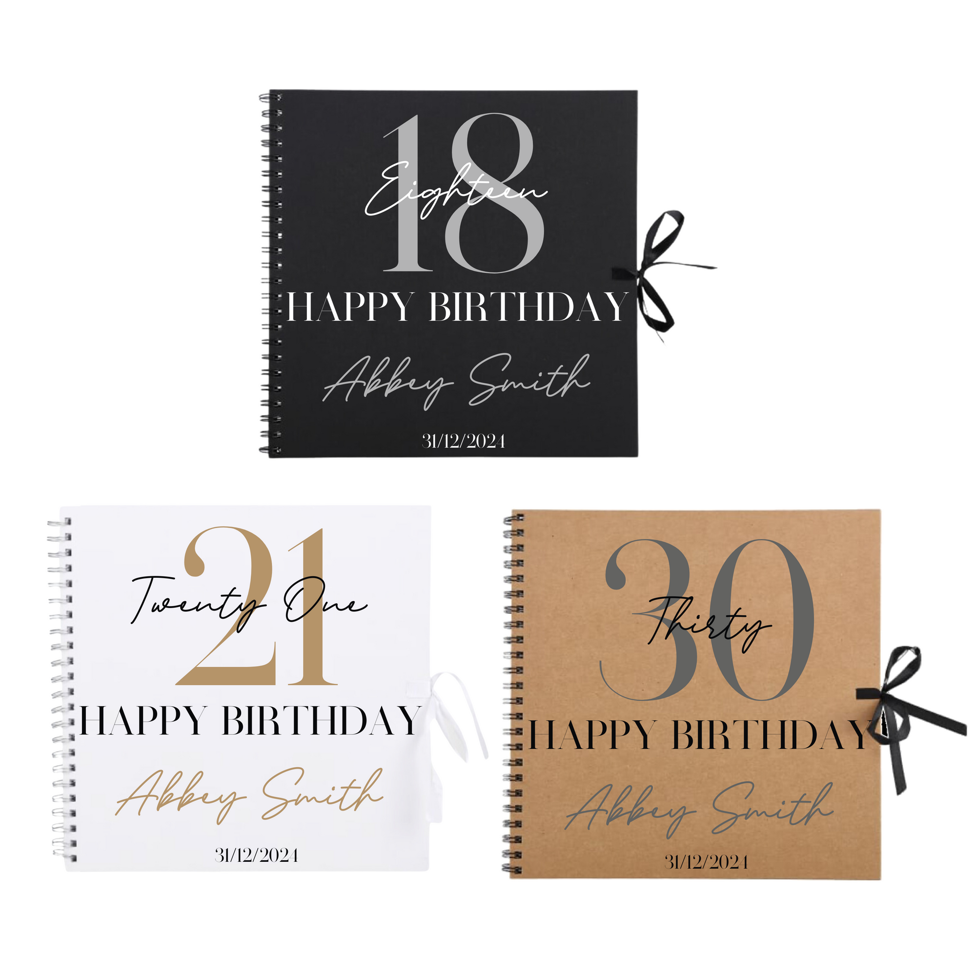 Three personalised birthday scrapbook albums for 18th, 21st, and 30th birthdays, featuring names and dates on black, white, and kraft covers