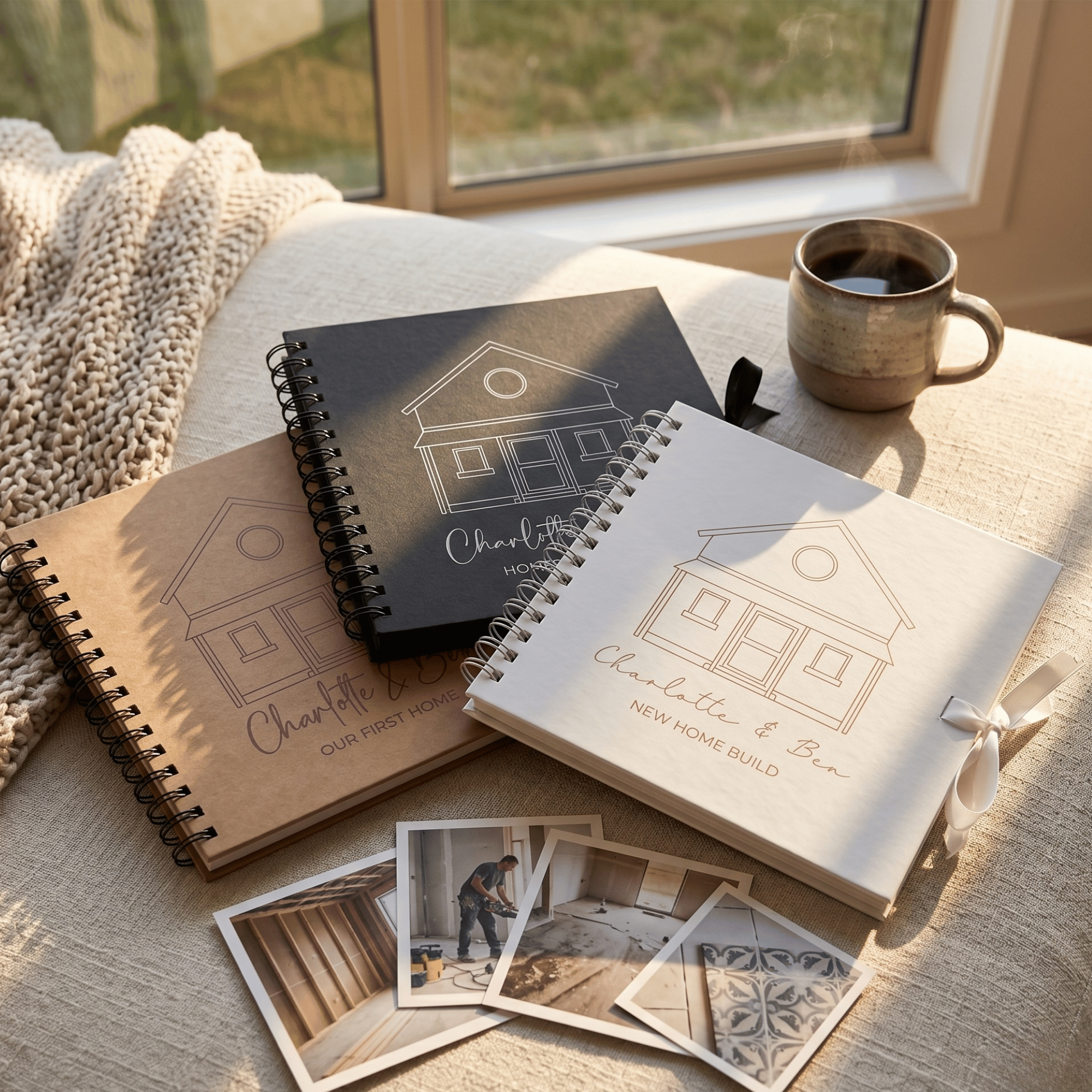 Three albums with house illustrations on a surface with photos and a mug.