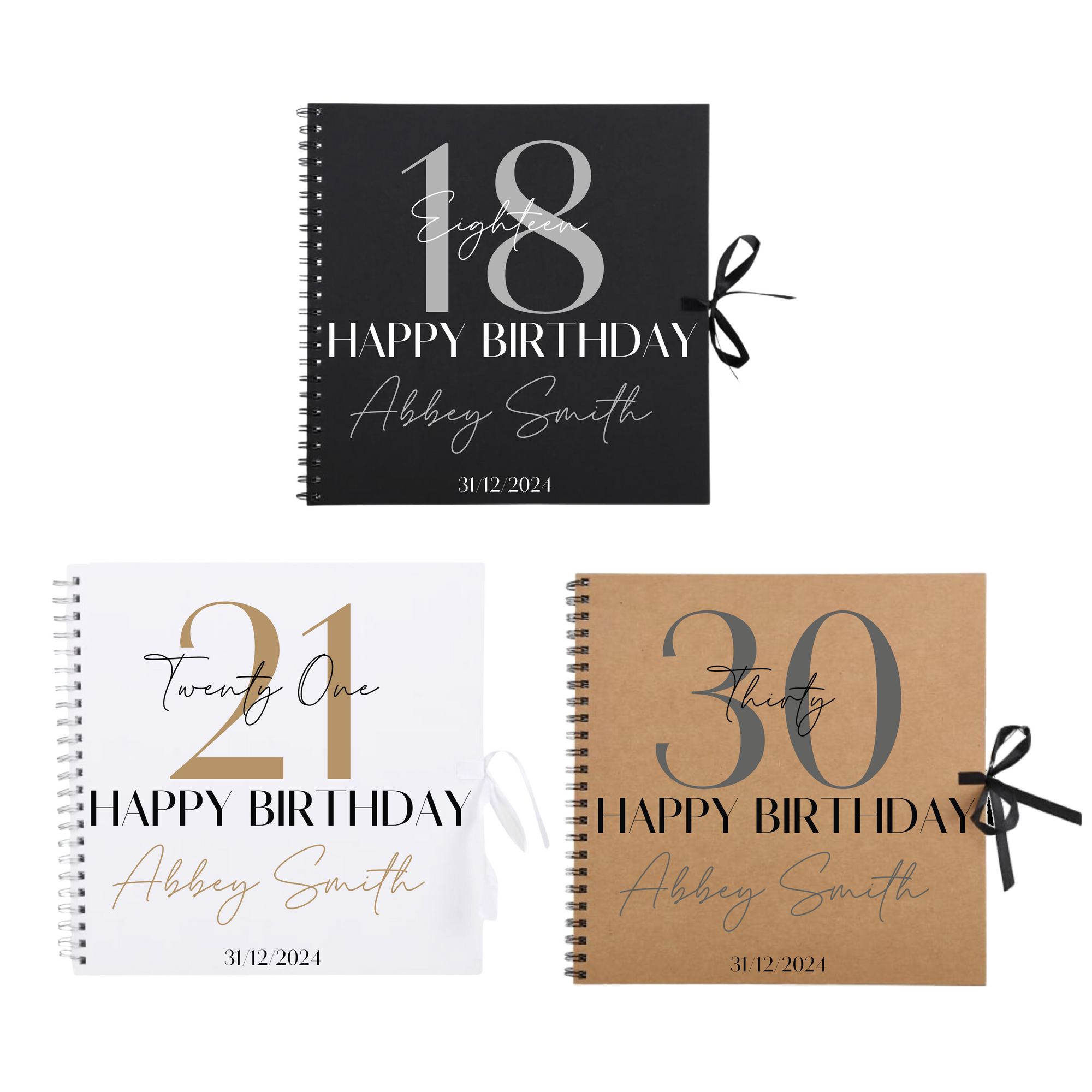 Three personalised birthday scrapbook albums for 18th, 21st, and 30th birthdays, featuring names and dates on black, white, and kraft covers