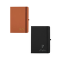 Flat lay of two A5 personalised vegan leather notebooks in tan and black, custom printed with initials and names.