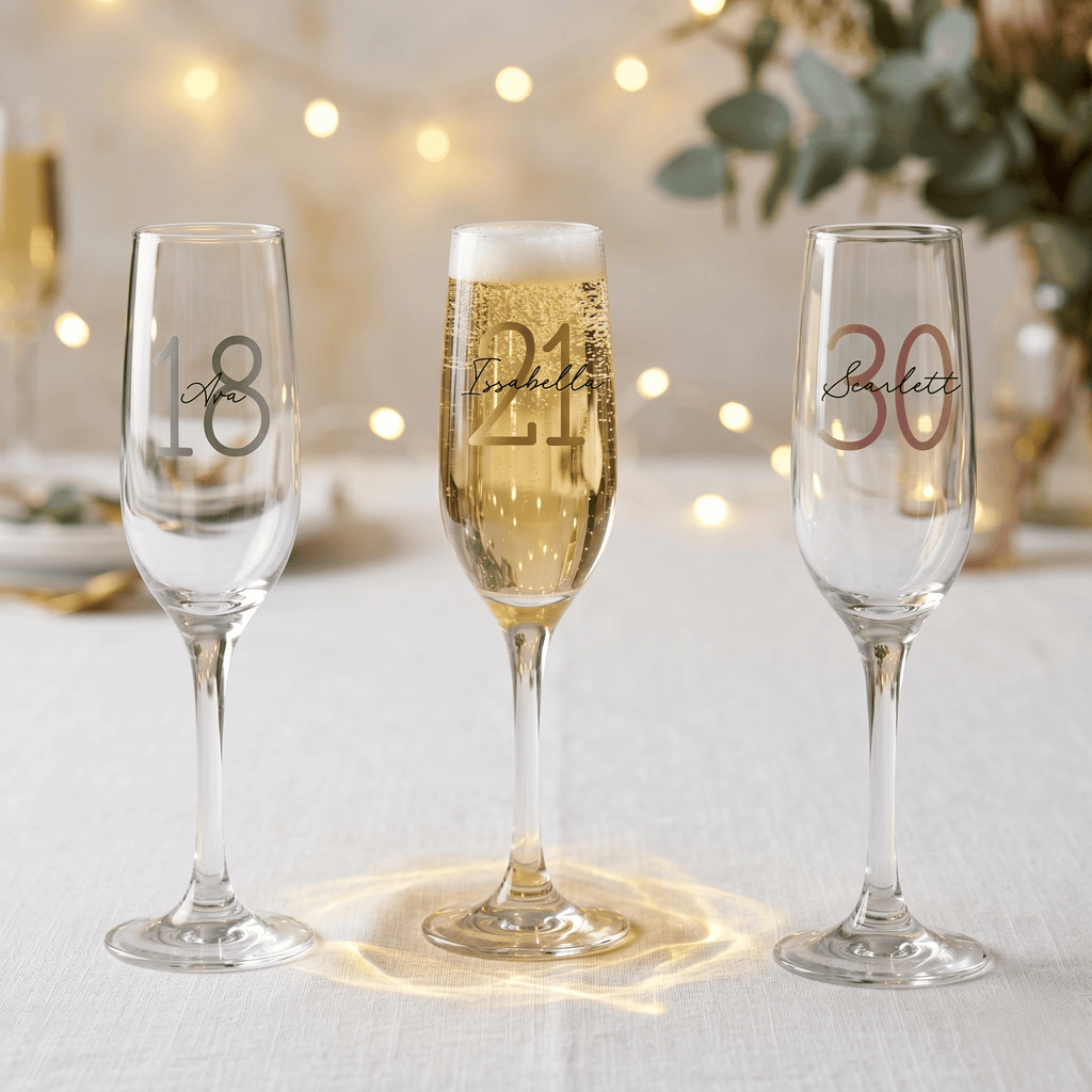 Three champagne flutes with personalized numbers on a table with blurred lights and flowers in the background.