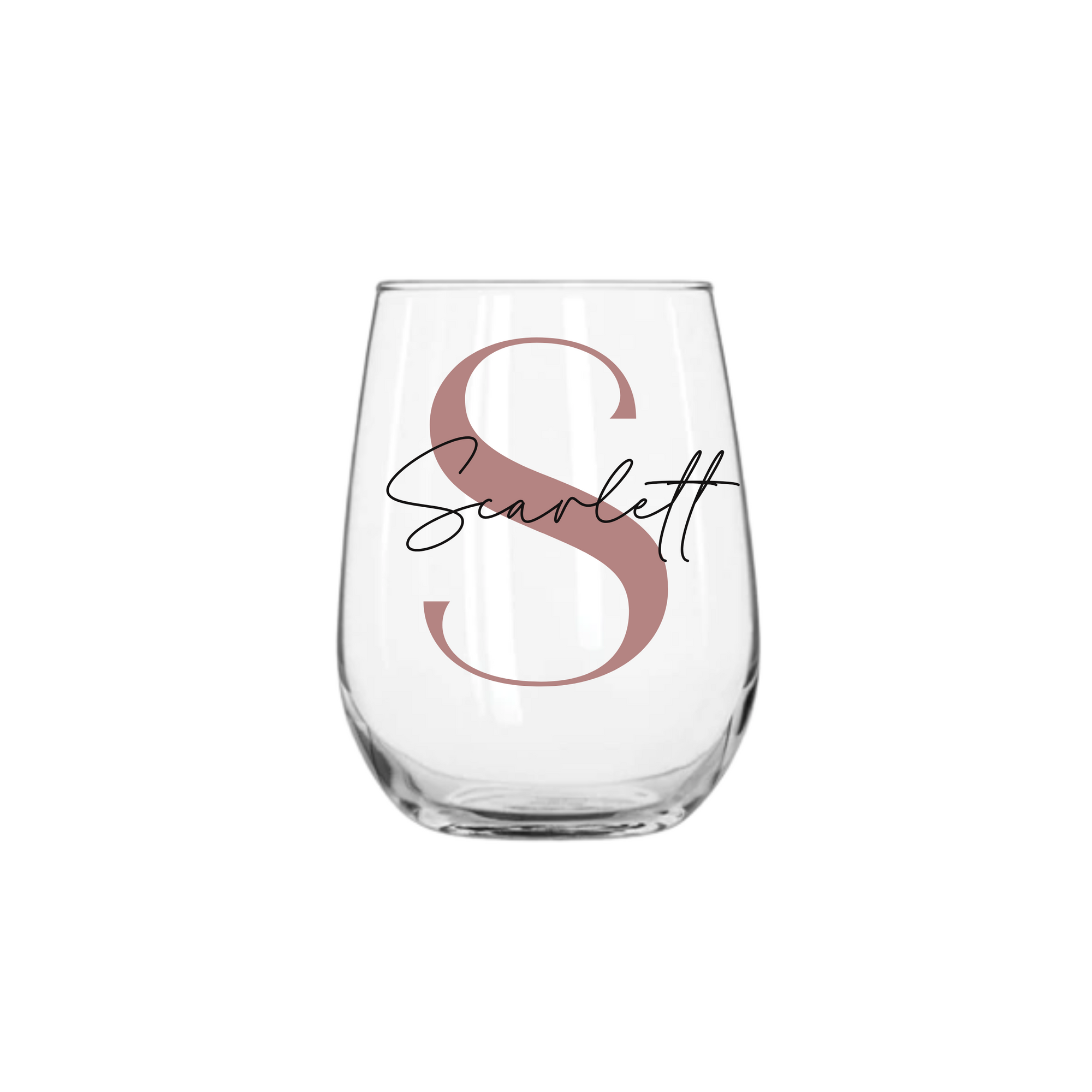 Personalised 475ml stemless wine glass with blush pink letter S and name Scarlett, custom wineglass gift for her, handmade personalised gift Australia