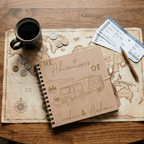 Album titled 'The Adventures of Jordan & Andrew' on a world map with a cup, coins, and tickets.