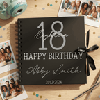 Personalised birthday Album with photos and a camera on a wooden surface