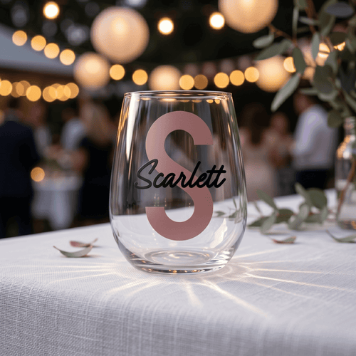 Clear glass with 'Scarlett' on a tablecloth with blurred background