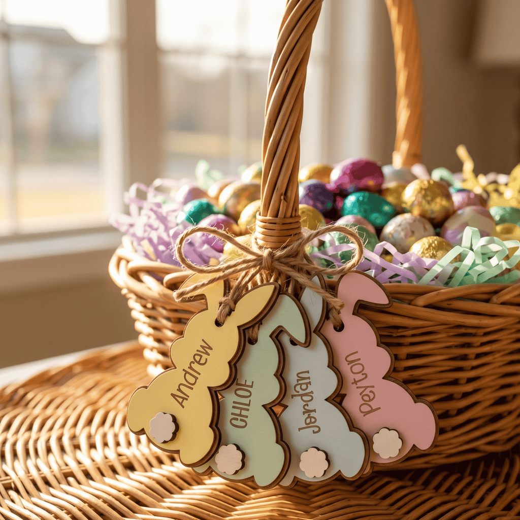Wicker Easter basket with colorful eggs and personalized name tags on a wooden surface.