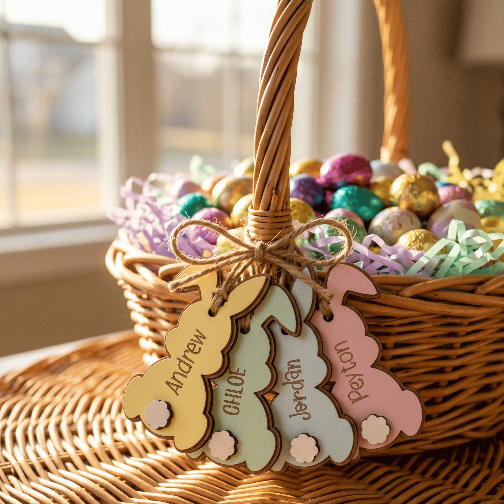 Wicker Easter basket with colorful eggs and personalized name tags on a wooden surface.