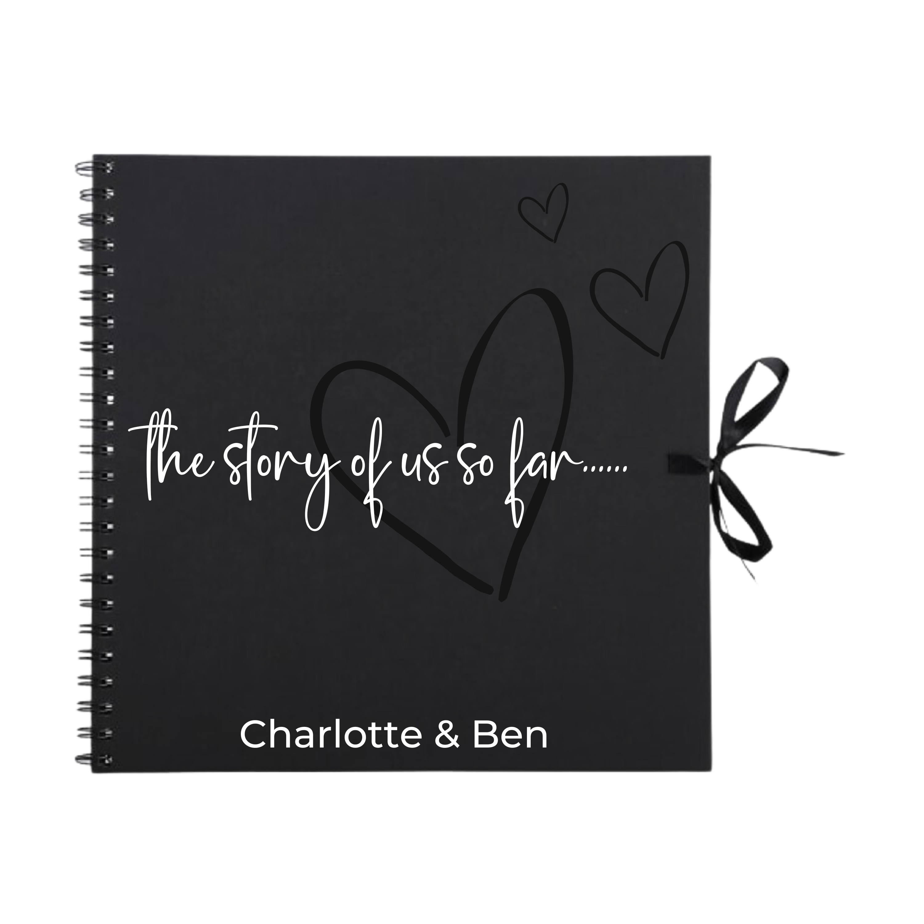 Black personalised photo album with black hearts and “The story of us” quote – handmade romantic gift